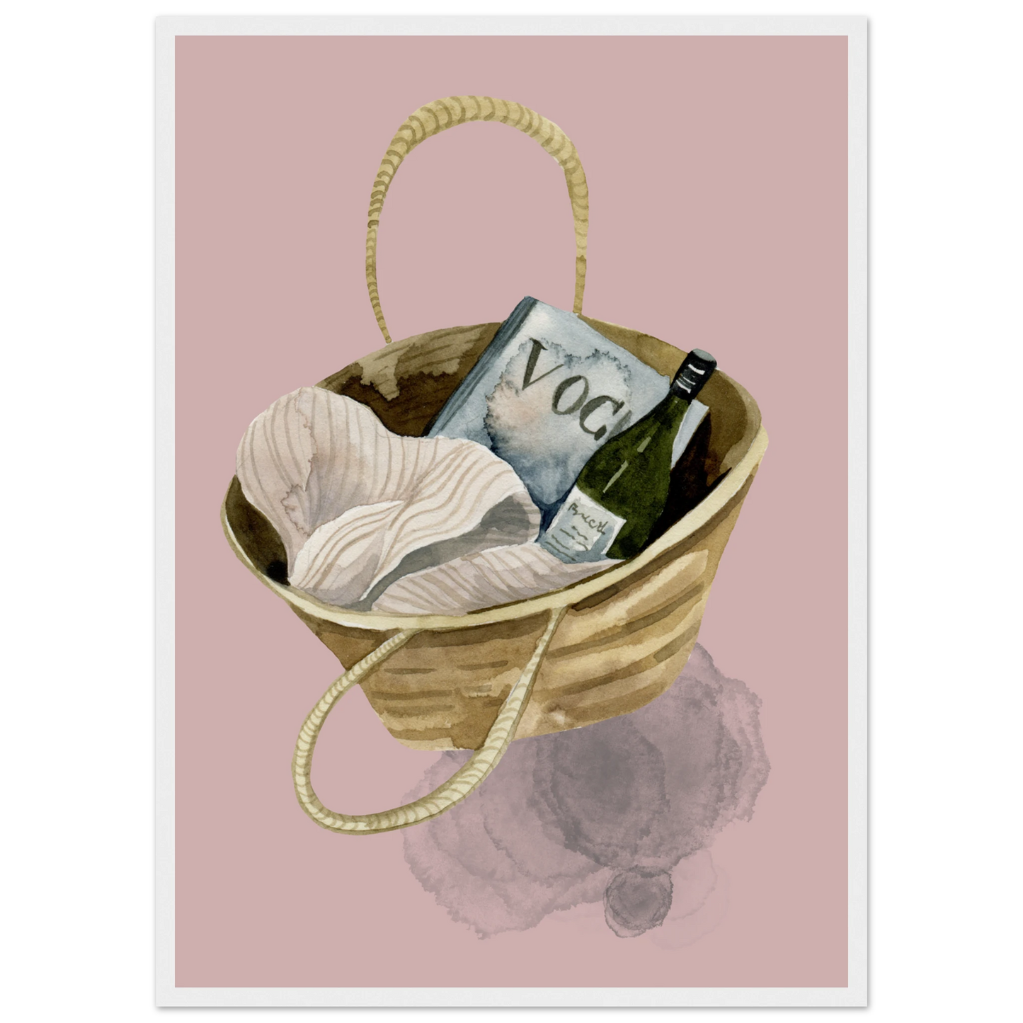 Chic beach bag with vogue wine watercolor art print boho summer aesthetic wall decor by anya trut art print in a Wood frame size A2 (42 x 59.4  cm) affordable wall art by Art Aunty NZ