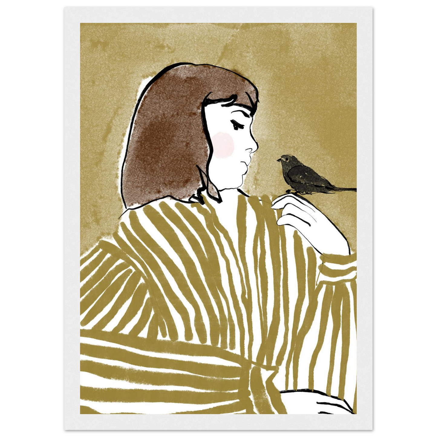 Whispering bird elegant profile art print by ioana horvat custom sizes frames art print in a Wood frame size A1 (59.4 x 84.1  cm) affordable wall art by Art Aunty NZ