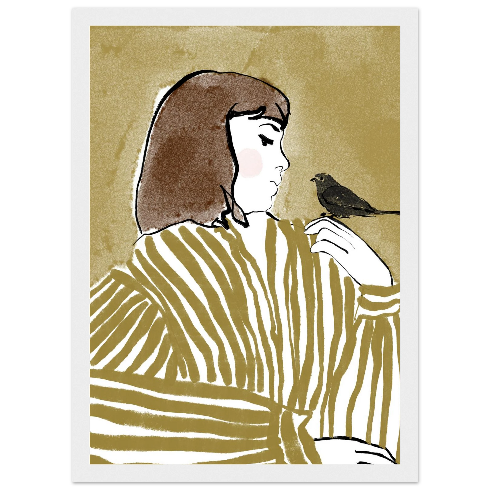 Whispering bird elegant profile art print by ioana horvat custom sizes frames art print in a Wood frame size A1 (59.4 x 84.1  cm) affordable wall art by Art Aunty NZ