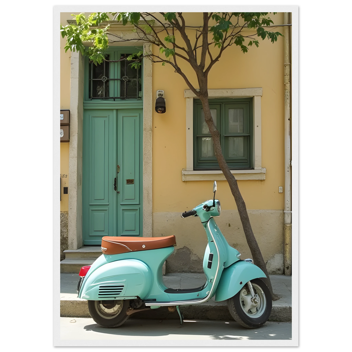Retro teal vespa street scene art print by anya trut choose your size frame art print in a Wood frame size A2 (42 x 59.4  cm) affordable wall art by Art Aunty NZ