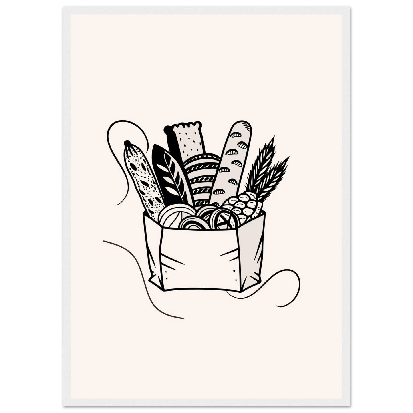 Morning bread art print in a Black frame size A2 (42 x 59.4  cm) affordable wall art by Art Aunty NZ