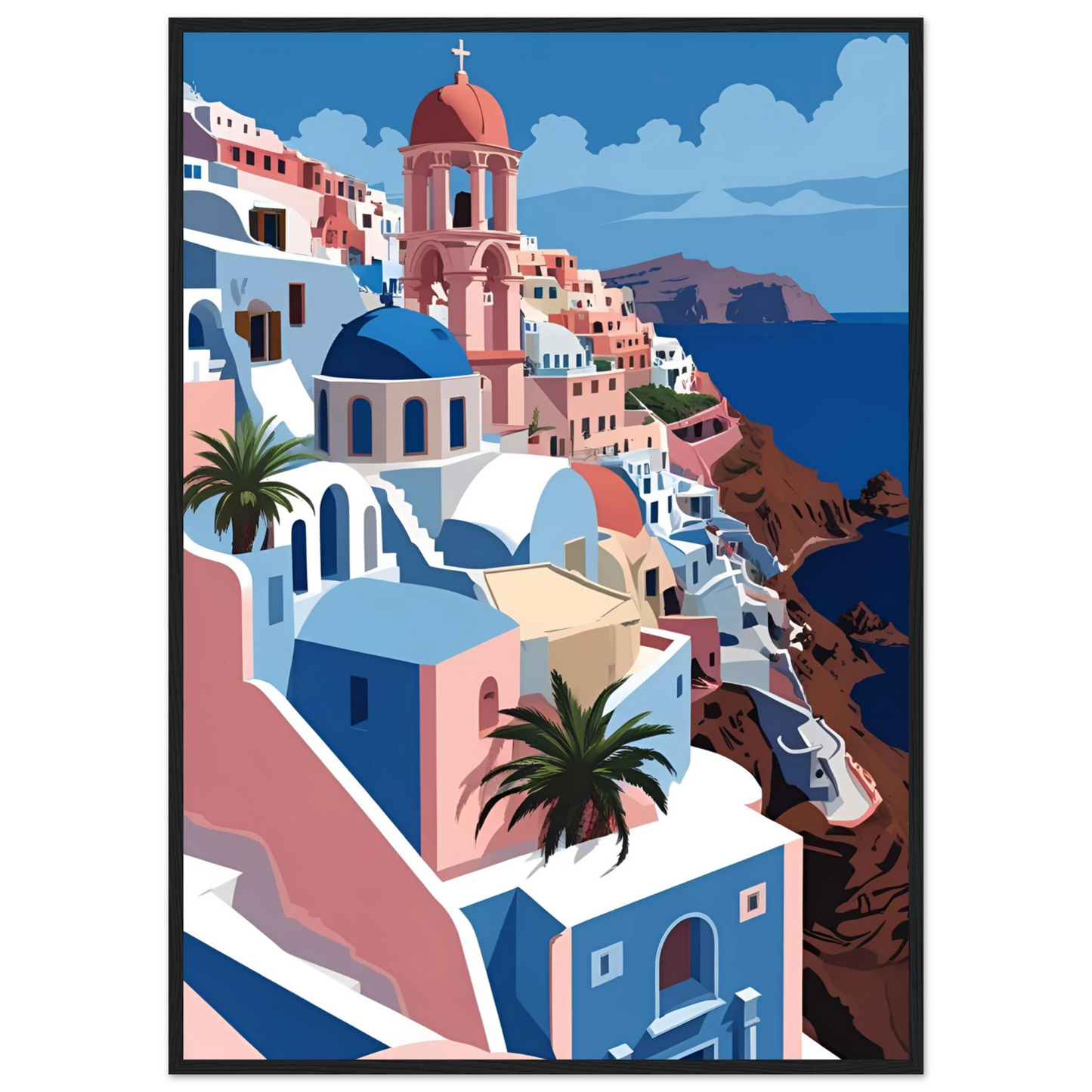 Santorini serenity art print coastal greece inspired decor by anya trut choose your size frame art print in a Black frame size A2 (42 x 59.4  cm) affordable wall art by Art Aunty NZ