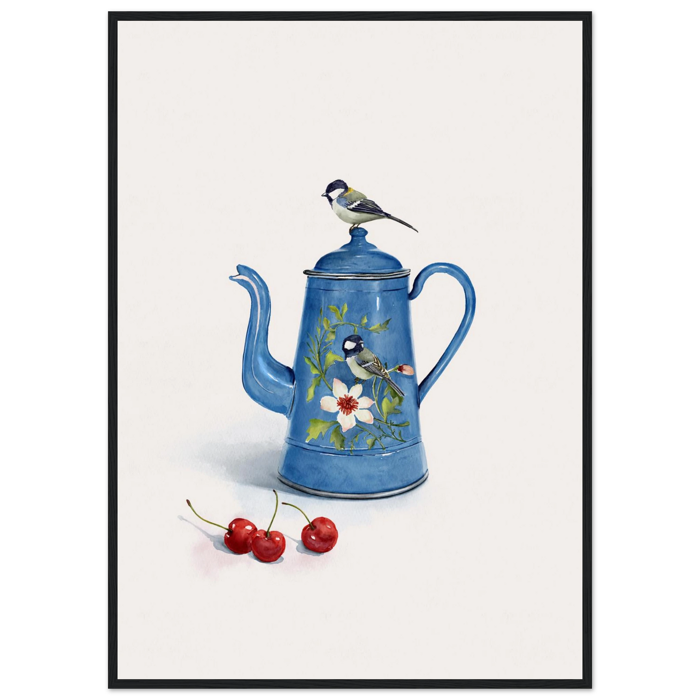 Charming blue bird enamel kettle art print by ioana horvat choose your size frame art print in a Wood frame size A2 (42 x 59.4  cm) affordable wall art by Art Aunty NZ