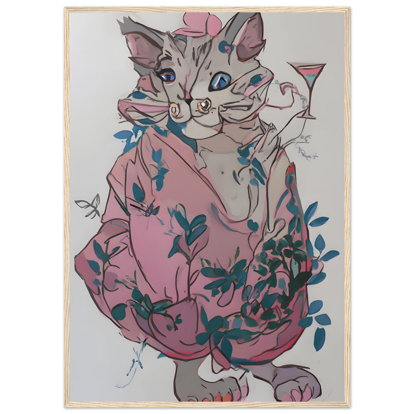 Chic cat with cocktail whimsical pink blue floral art print by anya trut choose your size frame art print in a Black frame size A1 (59.4 x 84.1  cm) affordable wall art by Art Aunty NZ