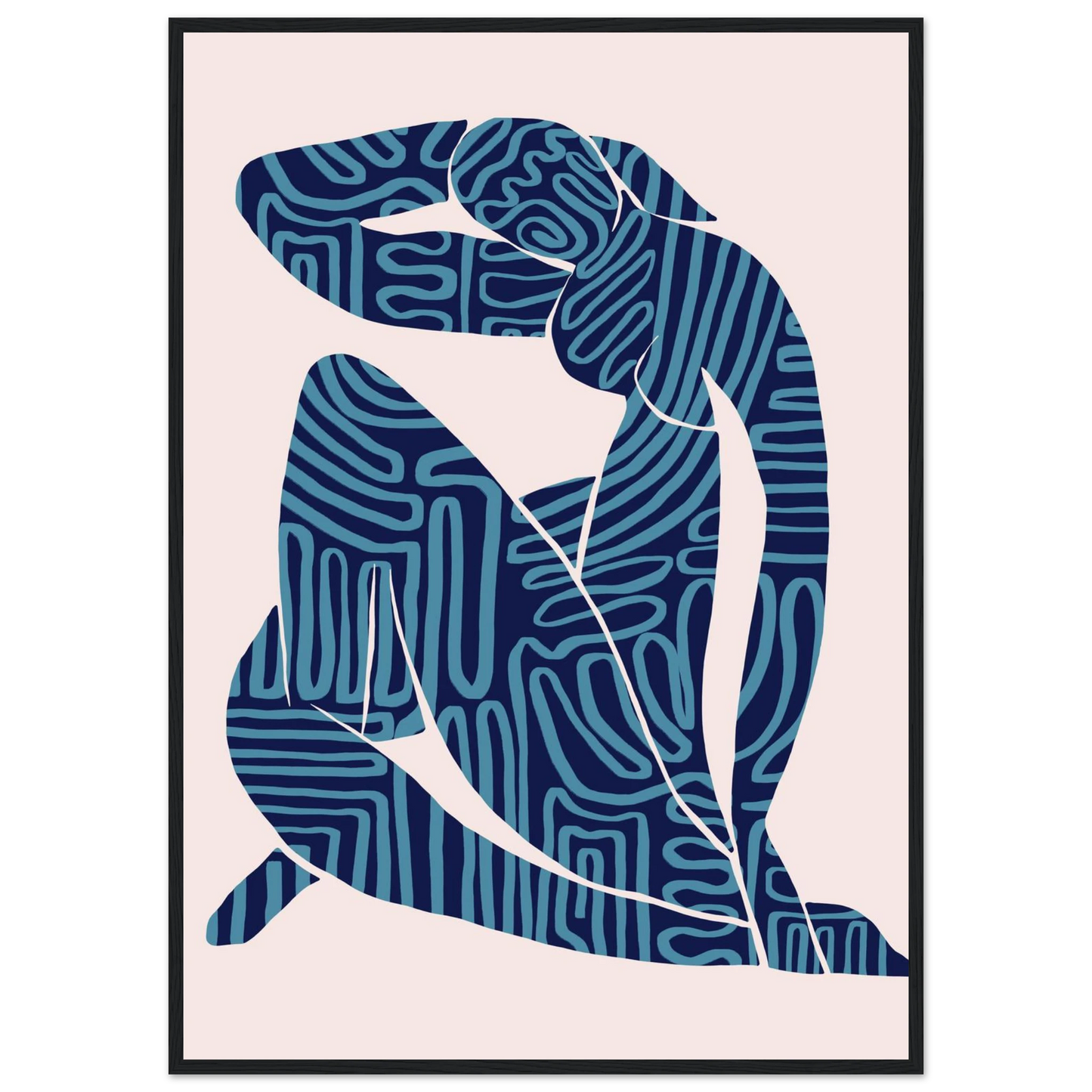 Abstract blue textured silhouette framed poster modern bohemian art print by ioana horvat art print in a Wood frame size A2 (42 x 59.4  cm) affordable wall art by Art Aunty NZ