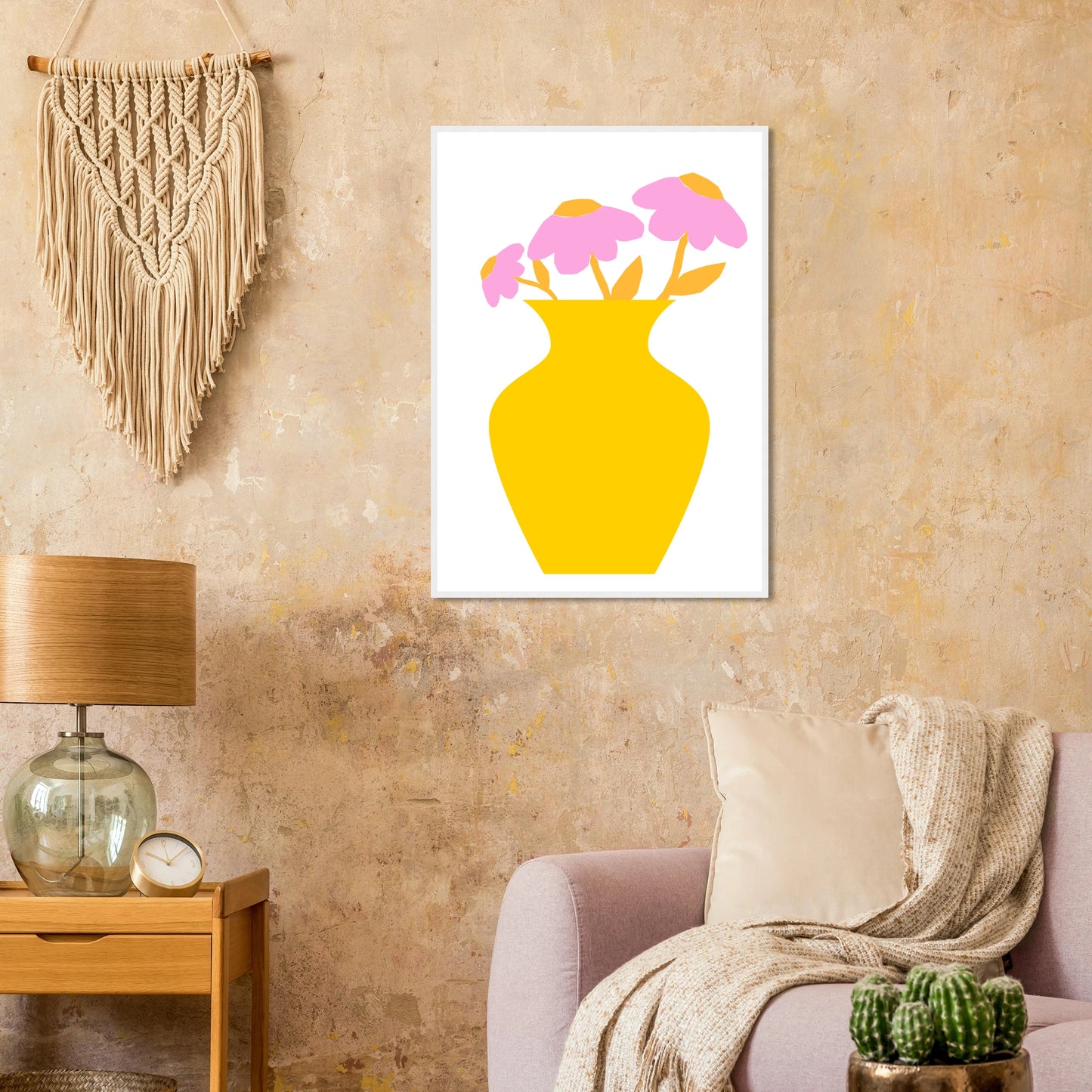 Minimalist pink yellow floral vase art print modern playful decor in your choice of size and frame art print in a  size  affordable wall art by Art Aunty NZ