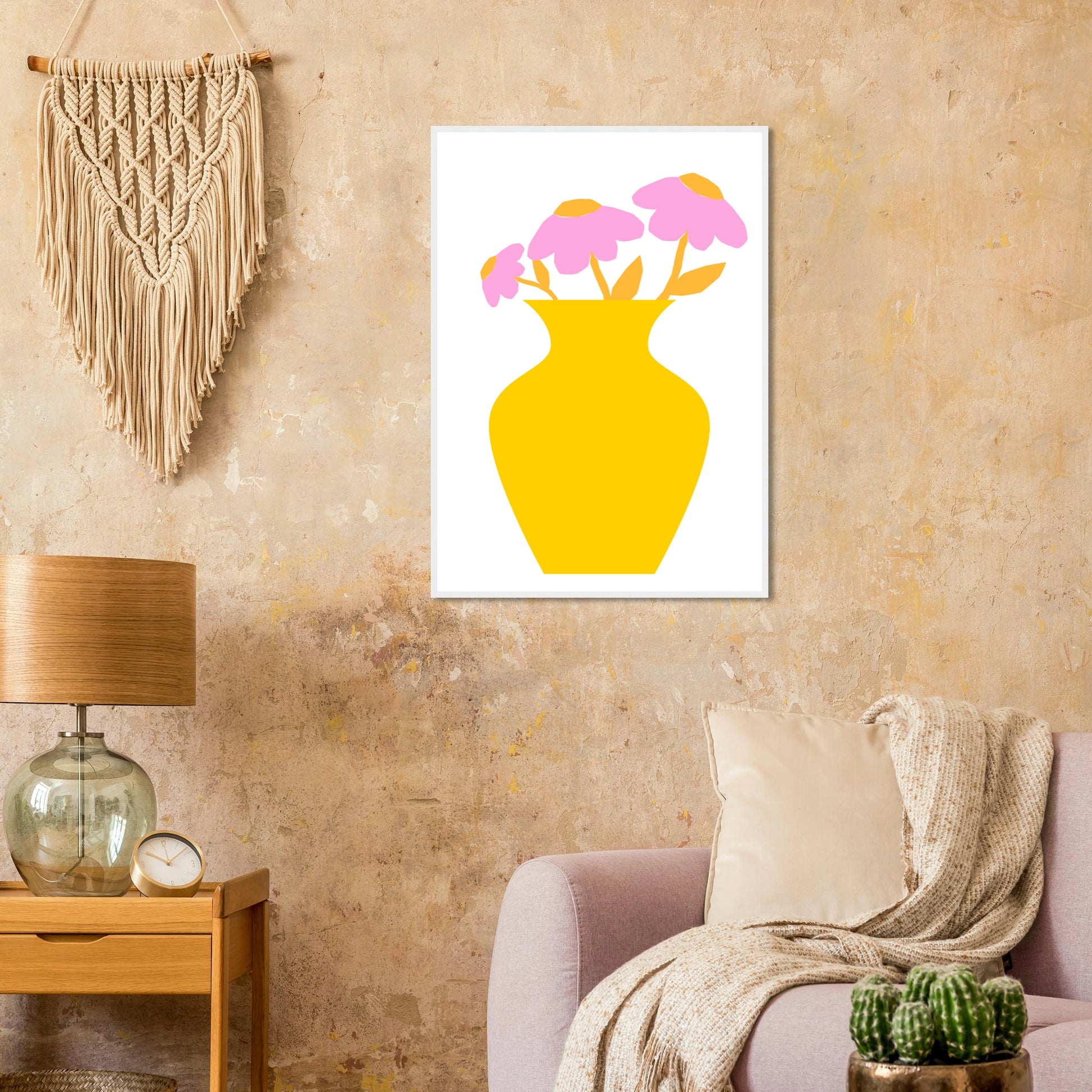 Minimalist pink yellow floral vase art print modern playful decor in your choice of size and frame art print in a  size  affordable wall art by Art Aunty NZ
