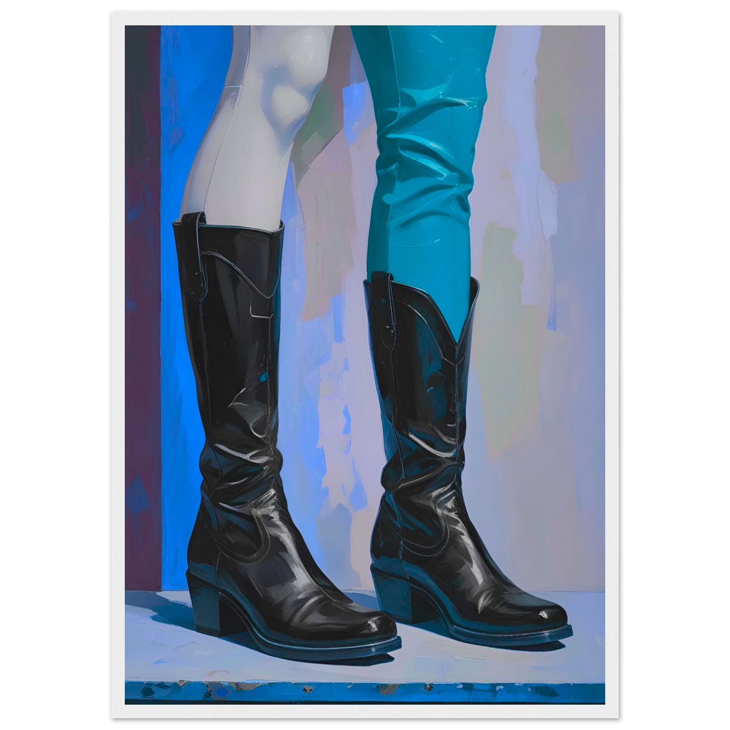 Urban cowboy boots abstract art print by anya trut striking blue black contrast customizable framed poster art print in a Wood frame size A2 (42 x 59.4  cm) affordable wall art by Art Aunty NZ