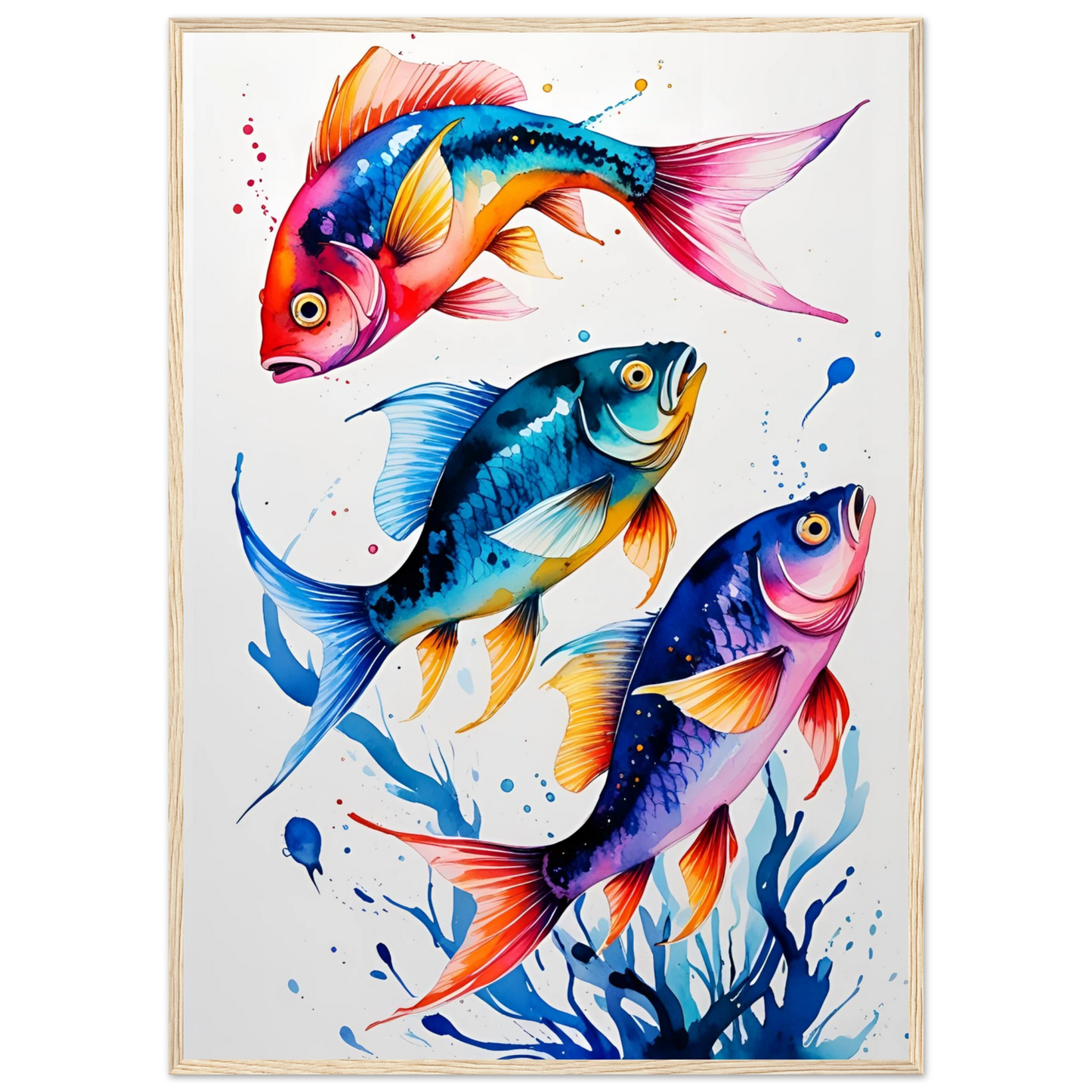 Vibrant ocean trio art print colorful fish watercolor wall decor available in various sizes frames art print in a Black frame size A1 (59.4 x 84.1  cm) affordable wall art by Art Aunty NZ