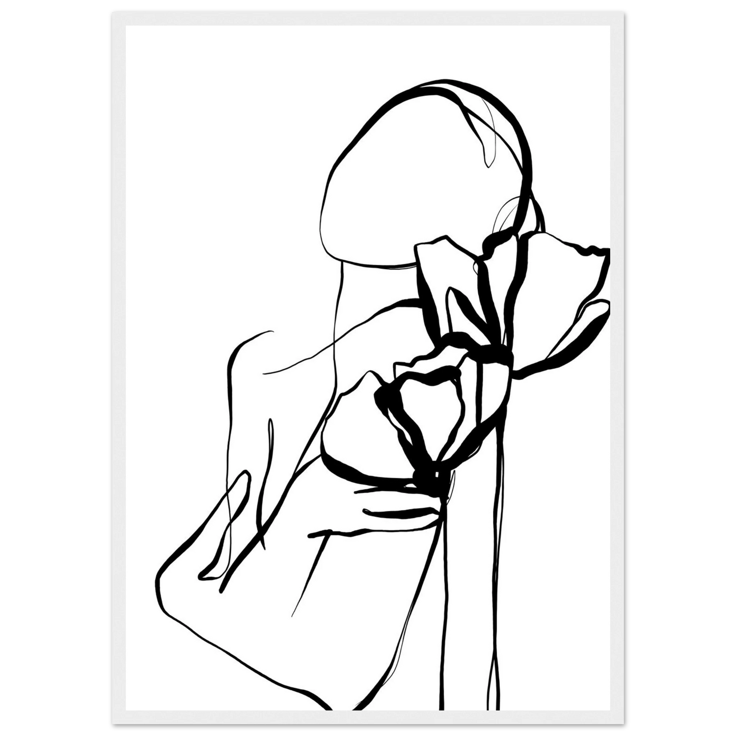 Abstract floral embrace line art print minimalist black white botanical poster art print in a Black frame size 21x29.7 cm / 8x12" affordable wall art by Art Aunty NZ