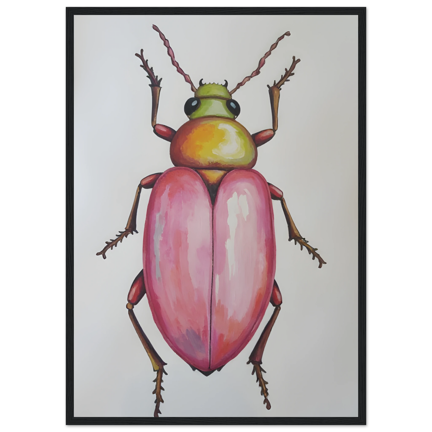 4pm whimsical pink green beetle art print for modern spaces available in three sizes and frame finishes art print in a Wood frame size A1 (59.4 x 84.1  cm) affordable wall art by Art Aunty NZ