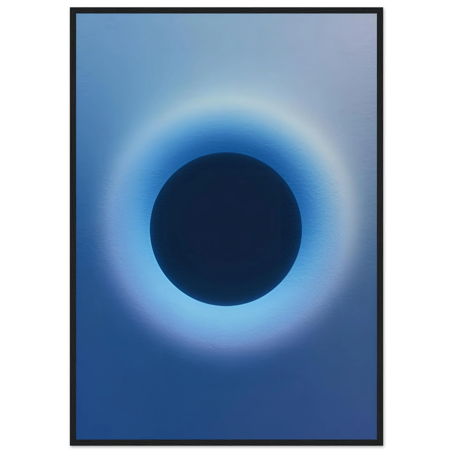 Cosmic aura eclipse art print mesmerizing blue black abstract circle for modern decor available in multiple sizes and frames art print in a Black frame size A2 (42 x 59.4  cm) affordable wall art by Art Aunty NZ