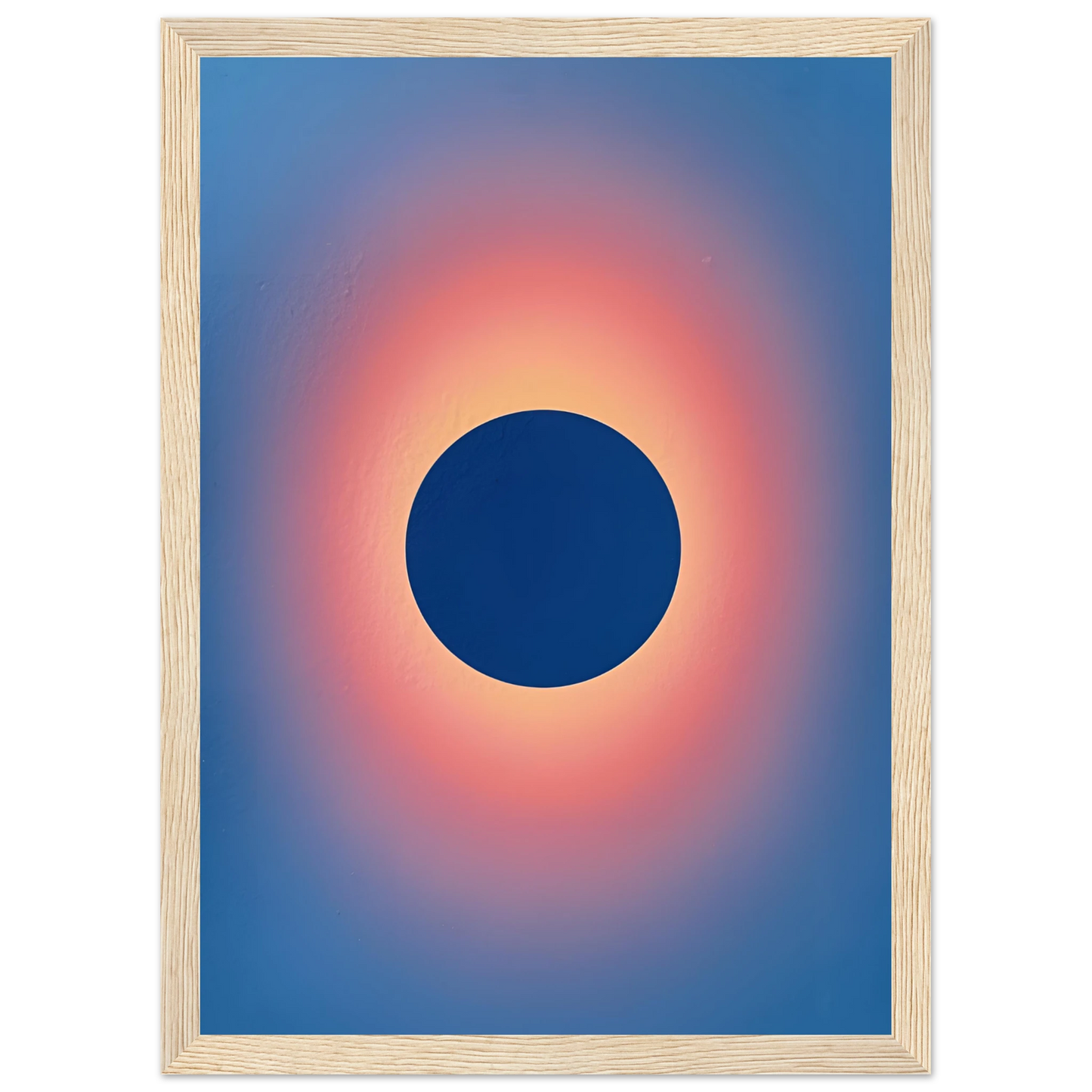 Cosmic eclipse gradient art print celestial blue sunset glow wall decor by anya trut multiple sizes and frames art print in a Black frame size 21x29.7 cm / 8x12" affordable wall art by Art Aunty NZ