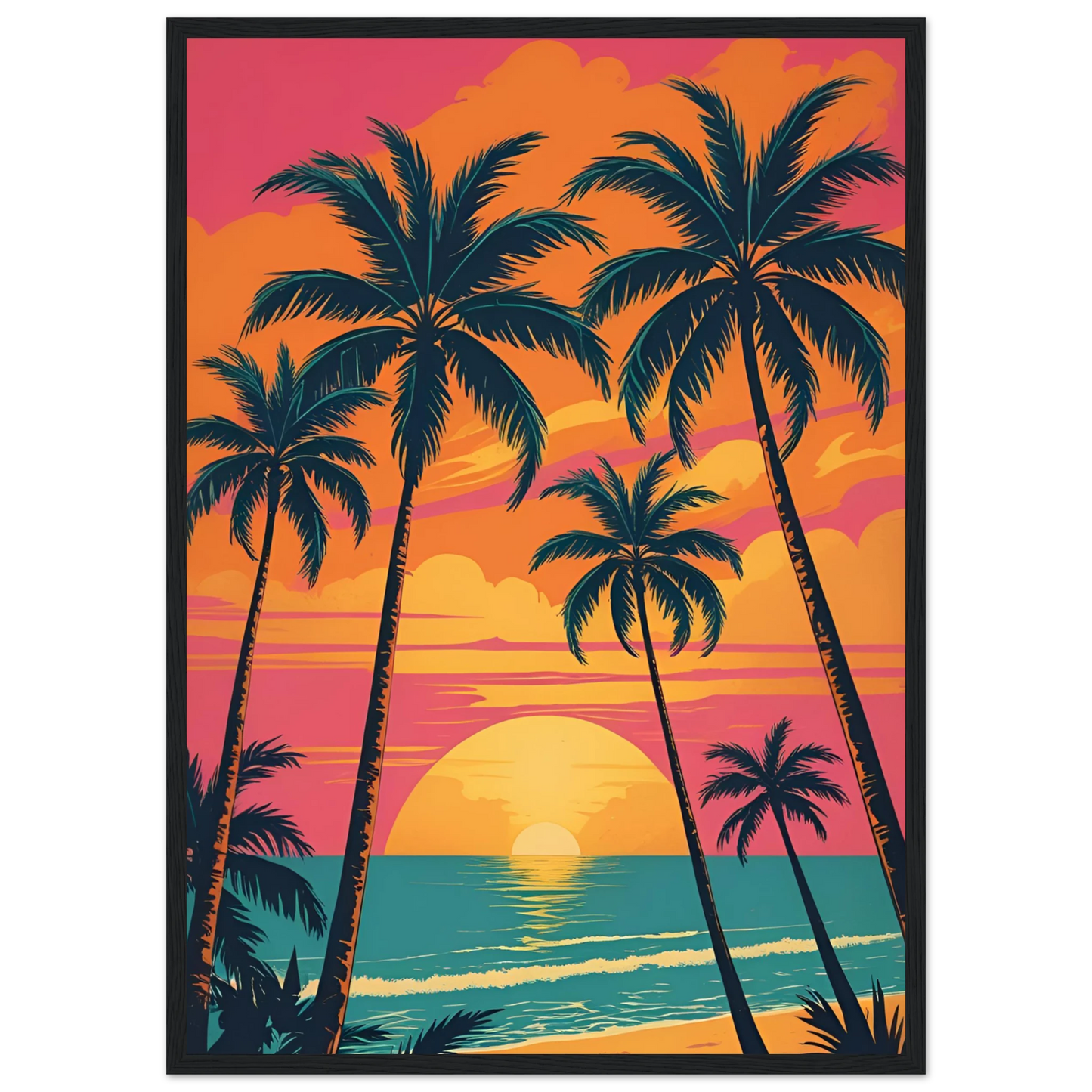 Vibrant sunset beach palm trees art print by anya trut tropical dreamscape wall decor art print in a Wood frame size 21x29.7 cm / 8x12" affordable wall art by Art Aunty NZ