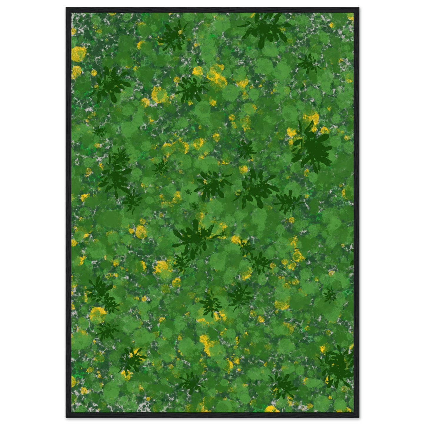 Abstract foliage reverie vibrant green yellow art print by anya trut choose your size frame art print in a Black frame size A2 (42 x 59.4  cm) affordable wall art by Art Aunty NZ