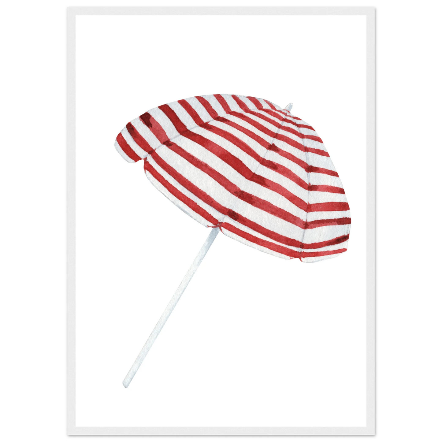 Summer stripes beach umbrella art print by anya trut coastal chic wall decor in multiple sizes frames art print in a Wood frame size A2 (42 x 59.4  cm) affordable wall art by Art Aunty NZ