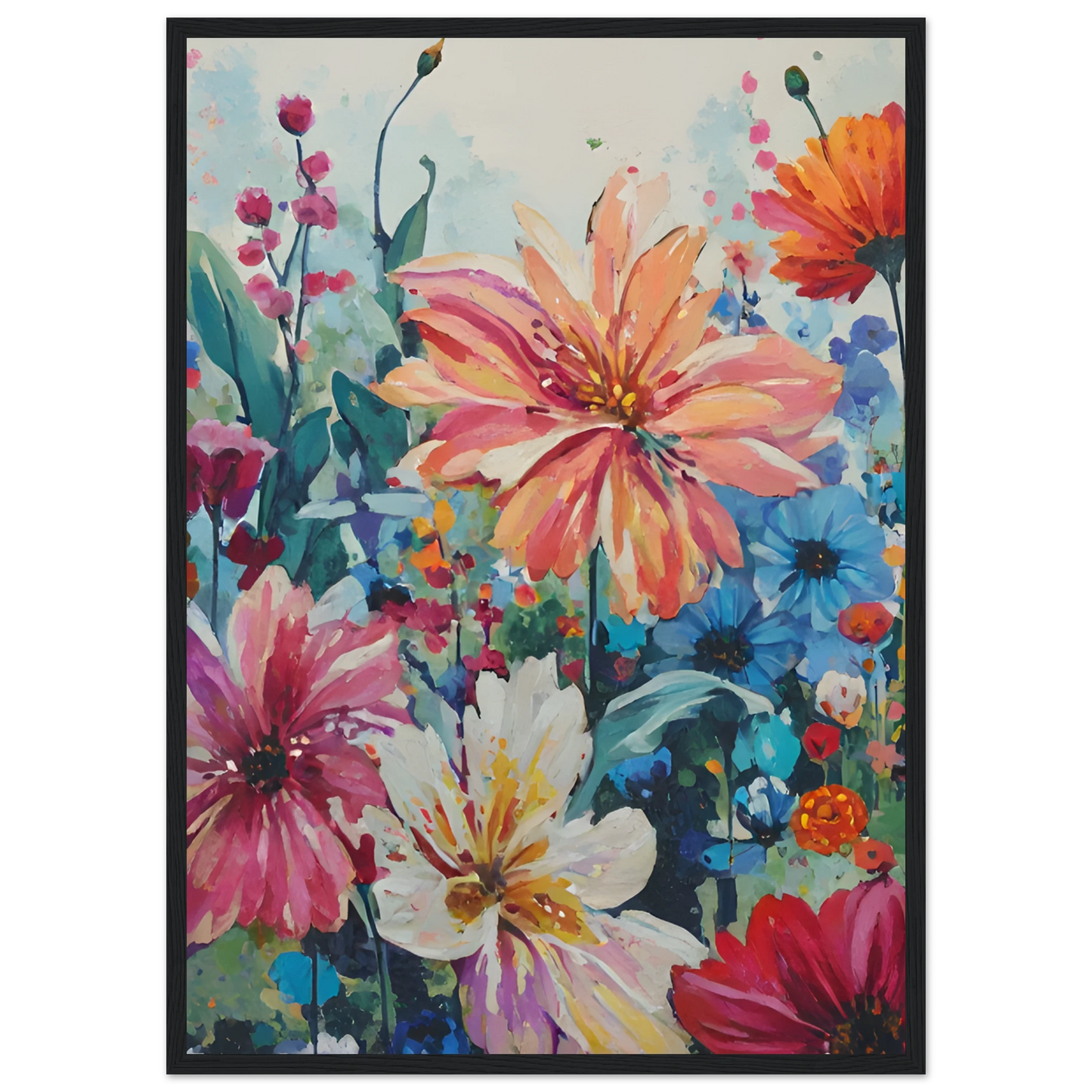 Vibrant floral meadow impressionistic wildflower art print customizable sizes frames art print in a Wood frame size 21x29.7 cm / 8x12" affordable wall art by Art Aunty NZ