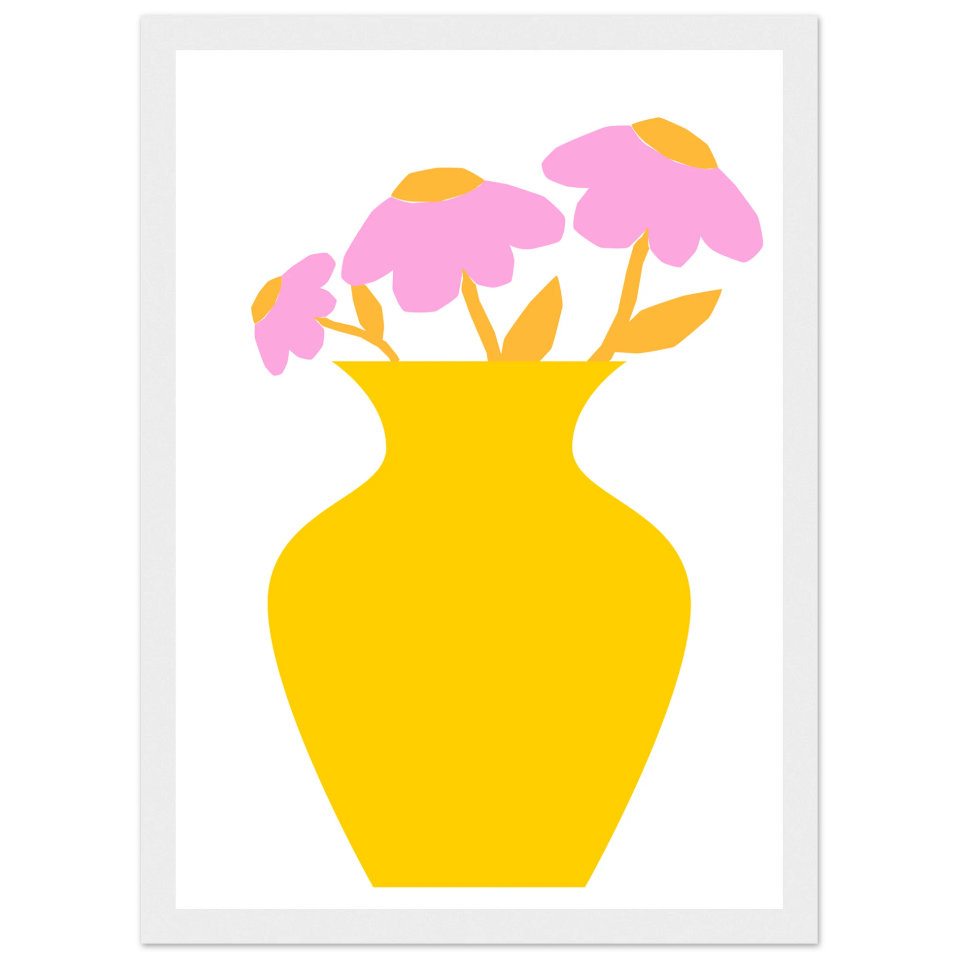Minimalist pink yellow floral vase art print modern playful decor in your choice of size and frame art print in a Wood frame size A1 (59.4 x 84.1  cm) affordable wall art by Art Aunty NZ