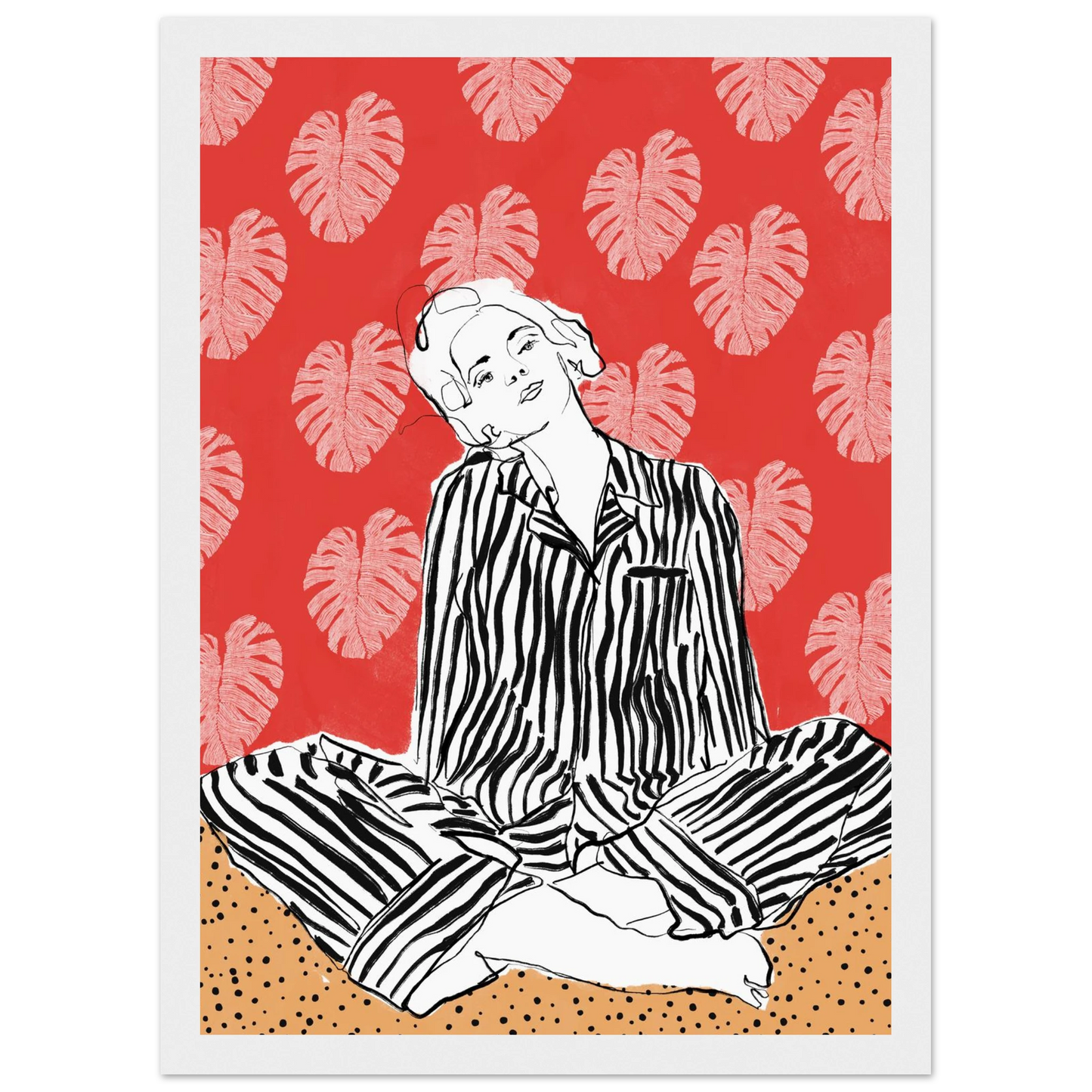 Red boho chic tropical leaf art print elevate your space with vibrant style bohemian flair art print in a Wood frame size A1 (59.4 x 84.1  cm) affordable wall art by Art Aunty NZ