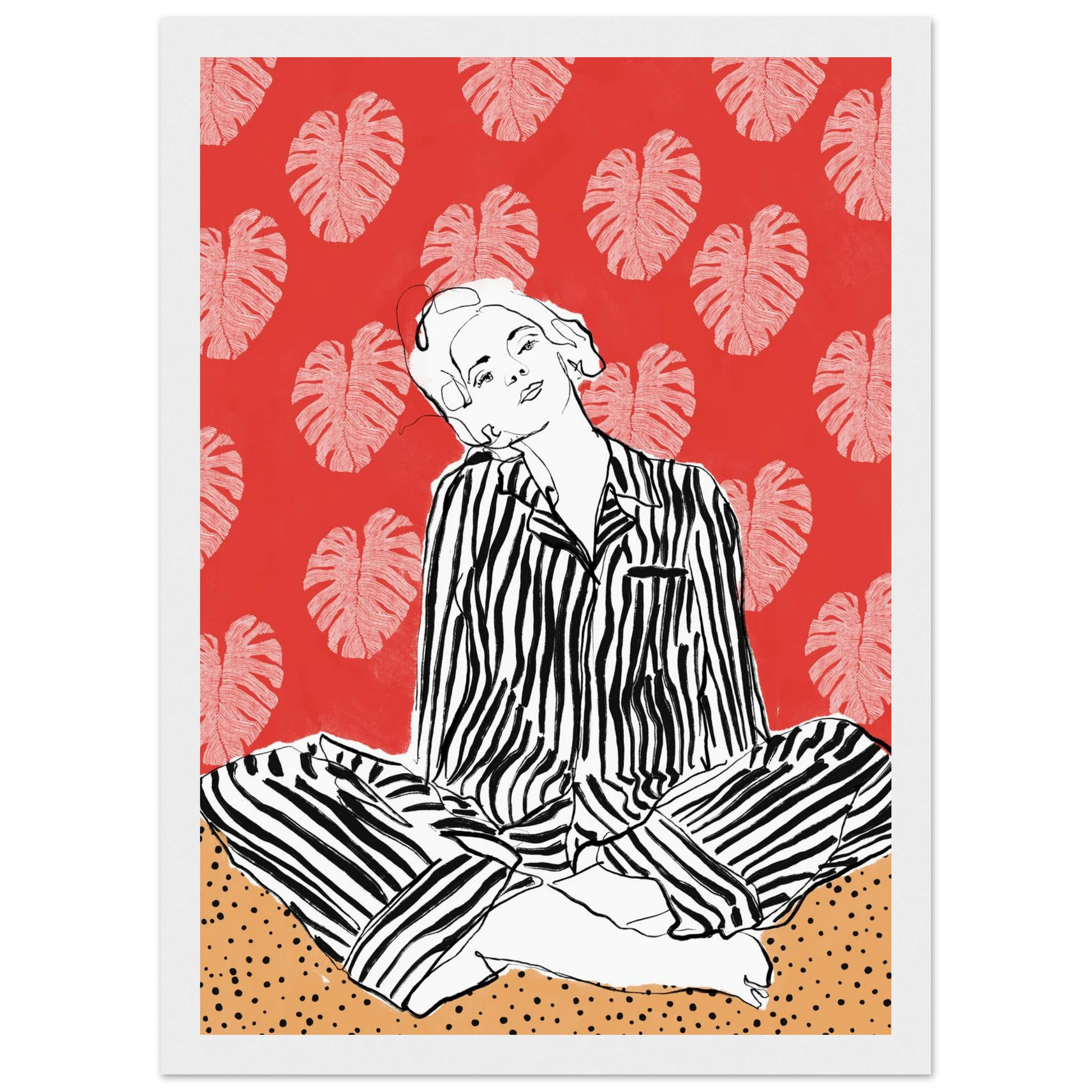 Red boho chic tropical leaf art print elevate your space with vibrant style bohemian flair art print in a Wood frame size A1 (59.4 x 84.1  cm) affordable wall art by Art Aunty NZ