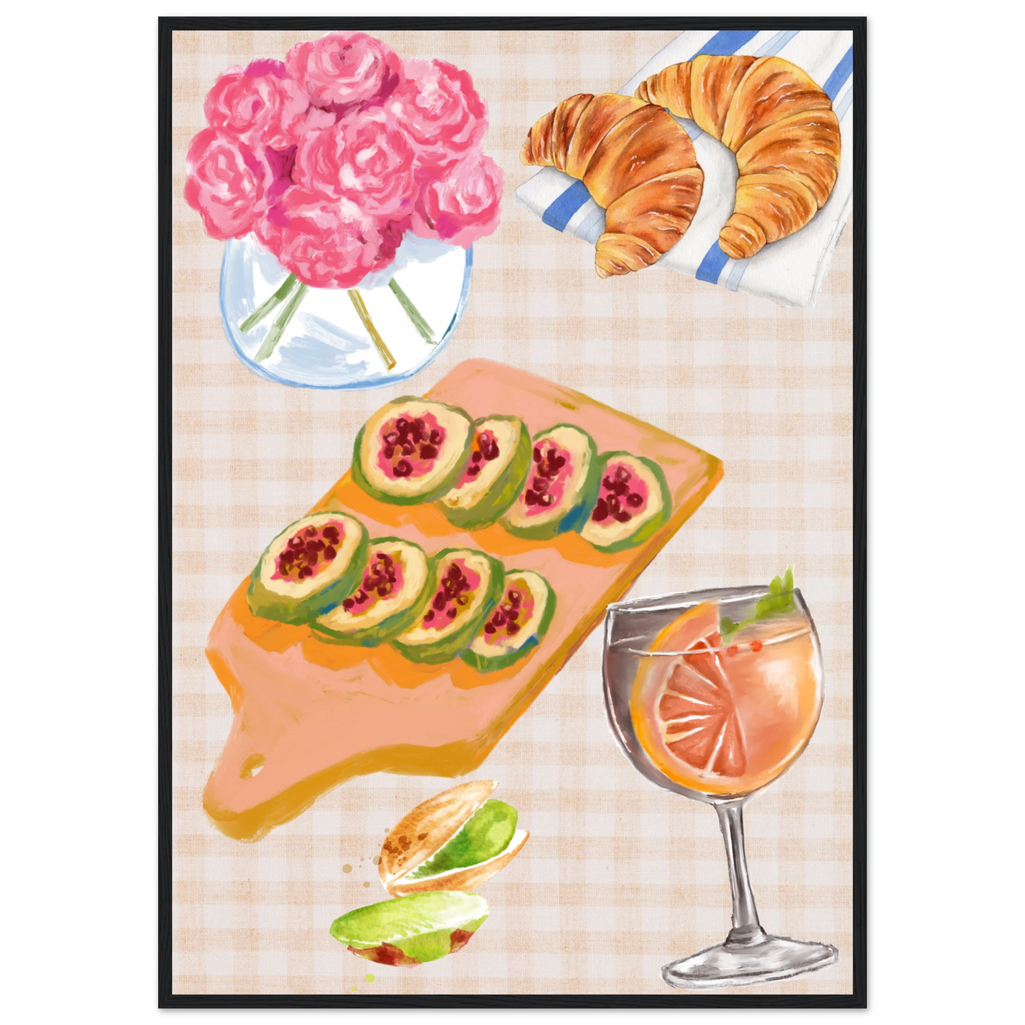 Summer brunch still life framed poster anya trut original artwork 1 art print in a Black frame size A2 (42 x 59.4  cm) affordable wall art by Art Aunty NZ