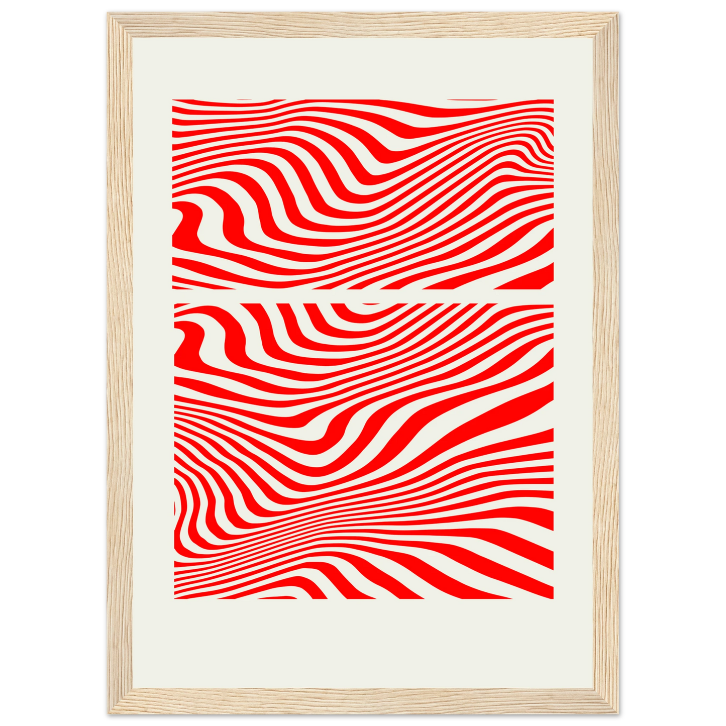 Psychedelic red white waves abstract print hypnotic rhythm framed poster in multiple sizes frame colors art print in a Black frame size 21x29.7 cm / 8x12" affordable wall art by Art Aunty NZ