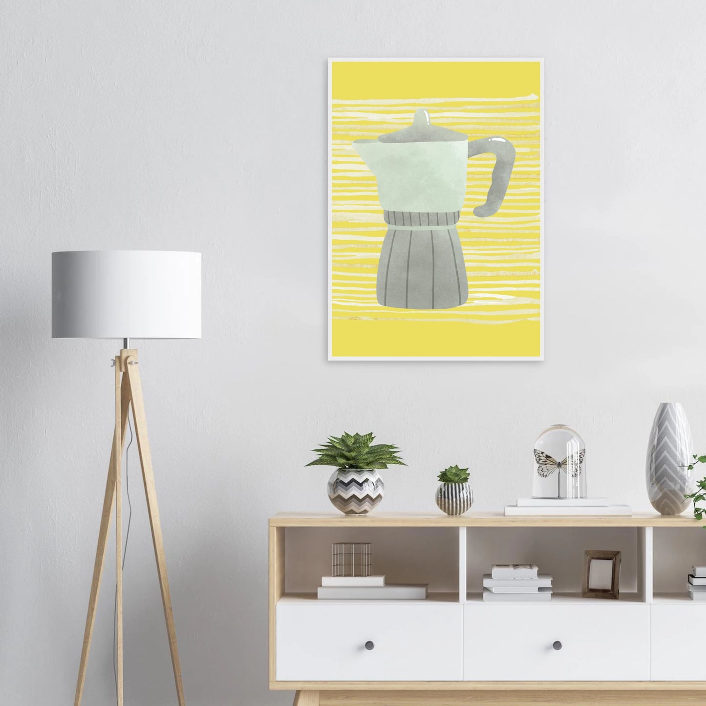 Moka pot morning vibrant yellow grey art print by anya trut available in multiple sizes and frames art print in a  size  affordable wall art by Art Aunty NZ