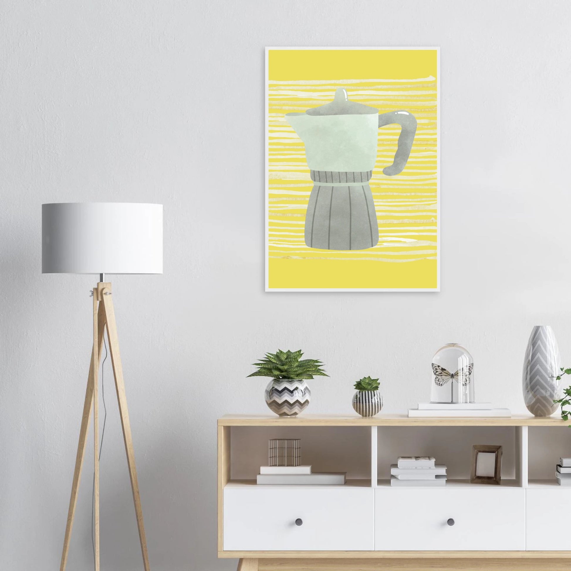 Moka pot morning vibrant yellow grey art print by anya trut available in multiple sizes and frames art print in a  size  affordable wall art by Art Aunty NZ