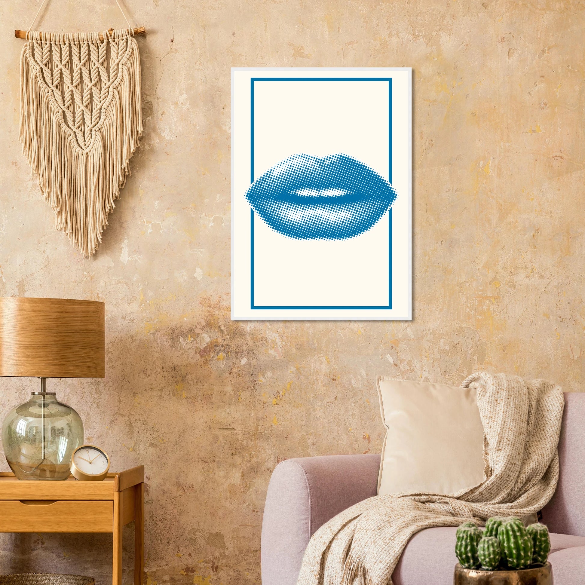 Blue kiss pop art lips print halftone digital art by anya trut in your choice of frame size art print in a  size  affordable wall art by Art Aunty NZ