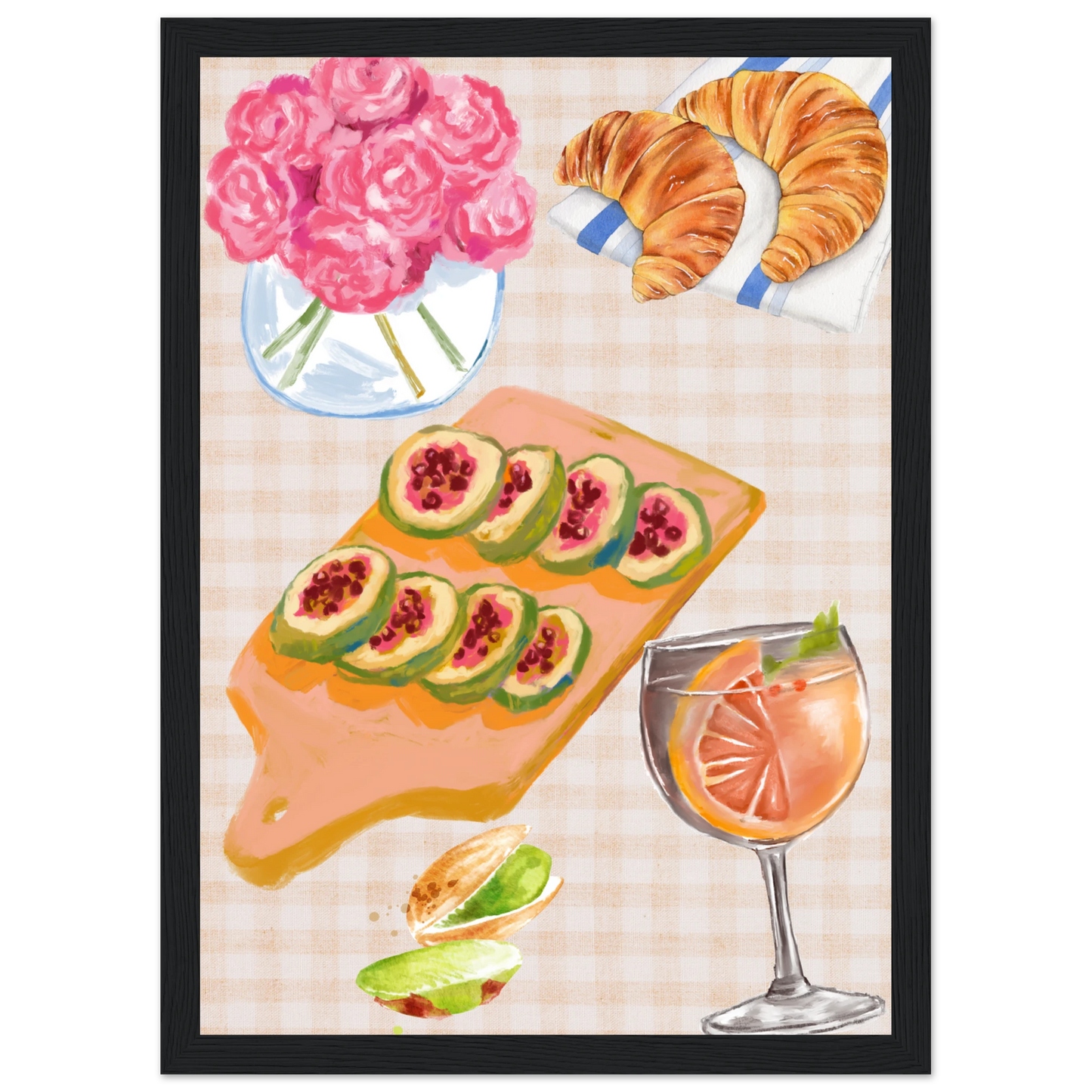 Summer brunch still life framed poster anya trut original artwork 1 art print in a White frame size A2 (42 x 59.4  cm) affordable wall art by Art Aunty NZ