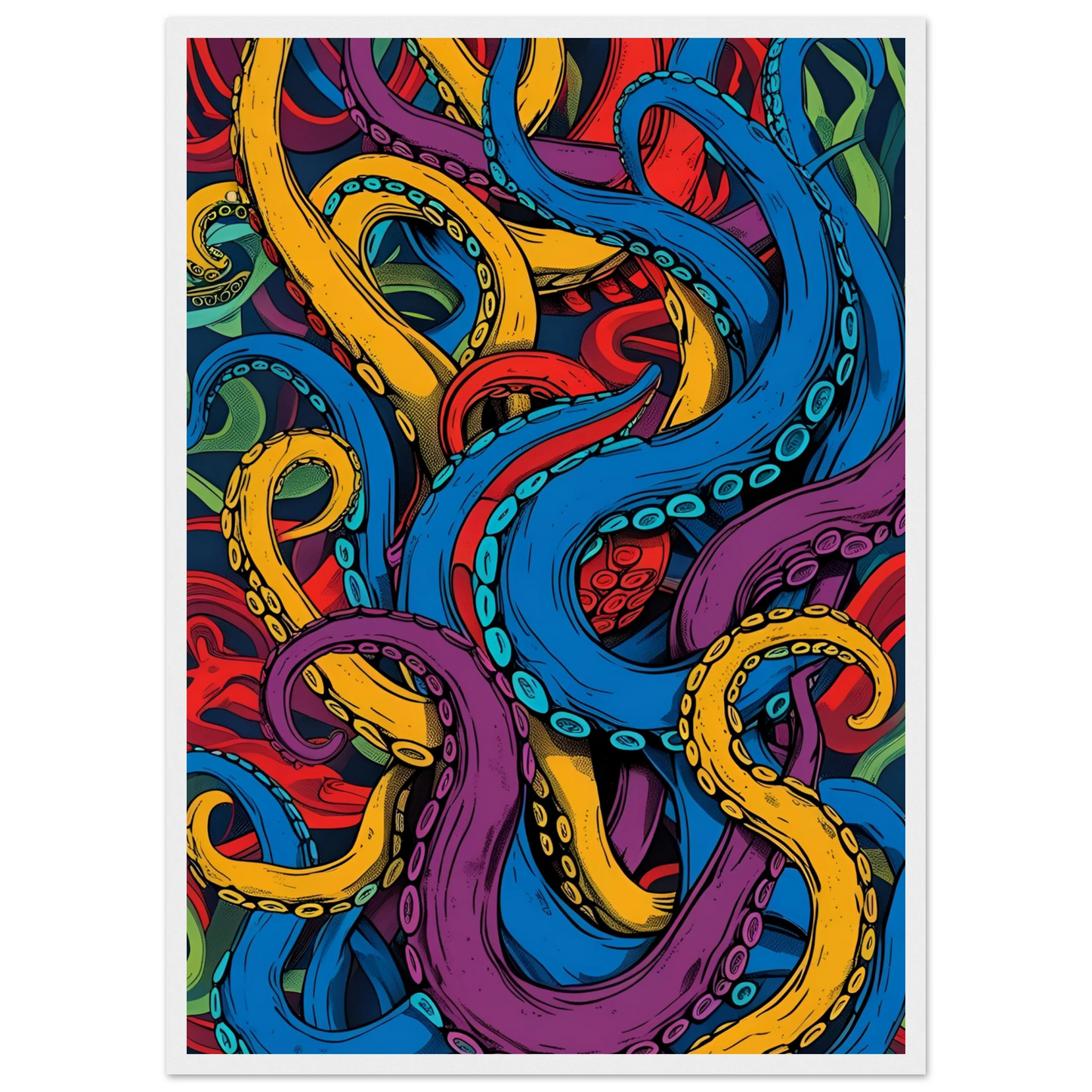 Vibrant tentacles abstract art print dynamic ocean inspired wall decor in your choice of size frame art print in a Wood frame size A2 (42 x 59.4  cm) affordable wall art by Art Aunty NZ