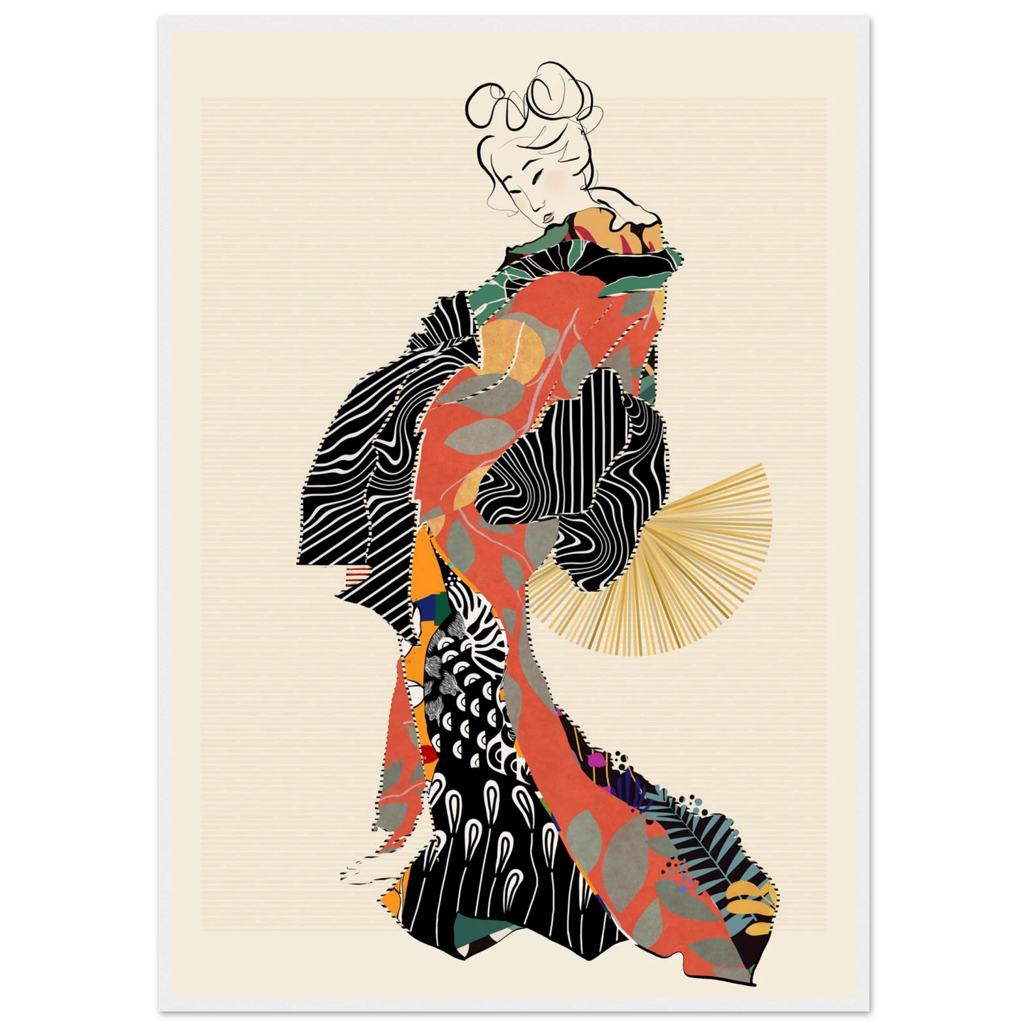 Abstract kimono geisha art print by ioana horvat vibrant patterns elegant style various sizes frames art print in a White frame size 21x29.7 cm / 8x12" affordable wall art by Art Aunty NZ