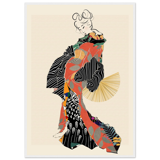 Abstract kimono geisha art print by ioana horvat vibrant patterns elegant style various sizes frames art print in a White frame size 21x29.7 cm / 8x12" affordable wall art by Art Aunty NZ