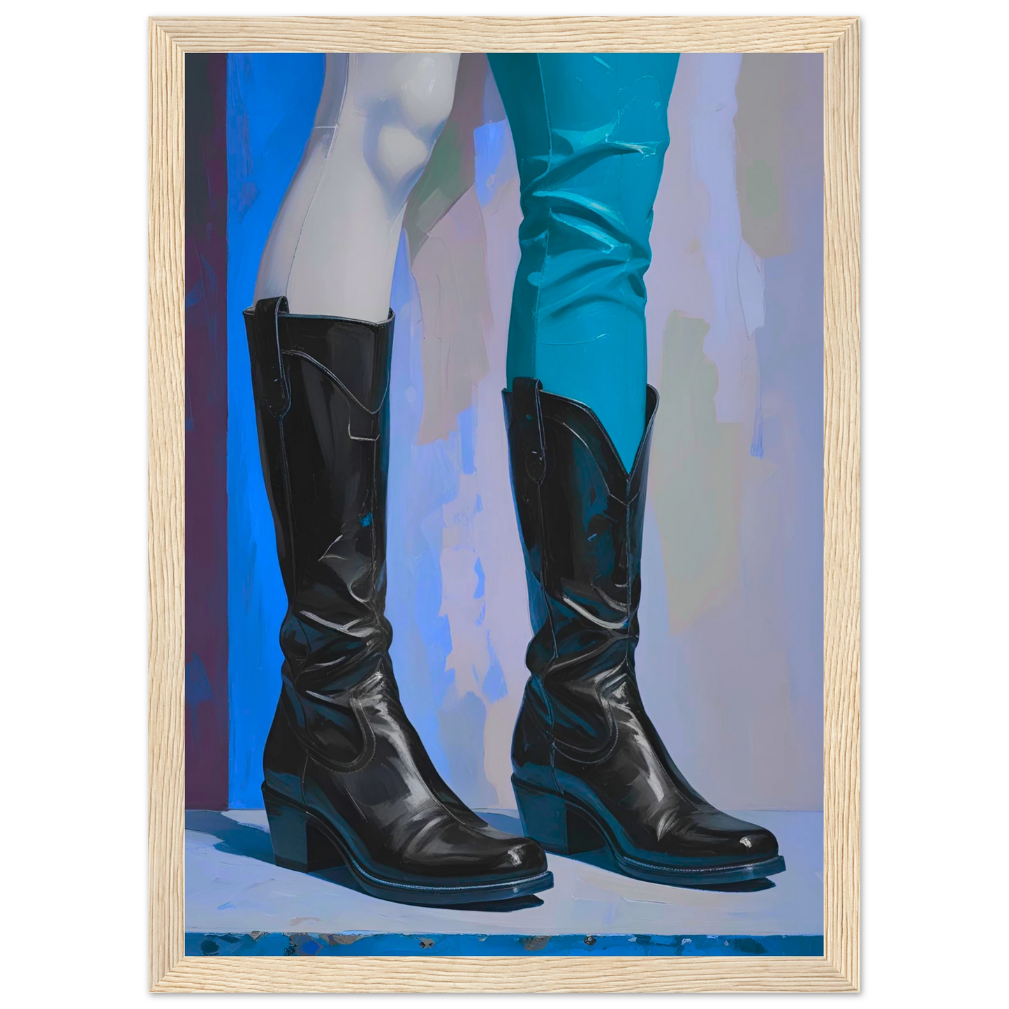 Urban cowboy boots abstract art print by anya trut striking blue black contrast customizable framed poster art print in a Black frame size 21x29.7 cm / 8x12" affordable wall art by Art Aunty NZ
