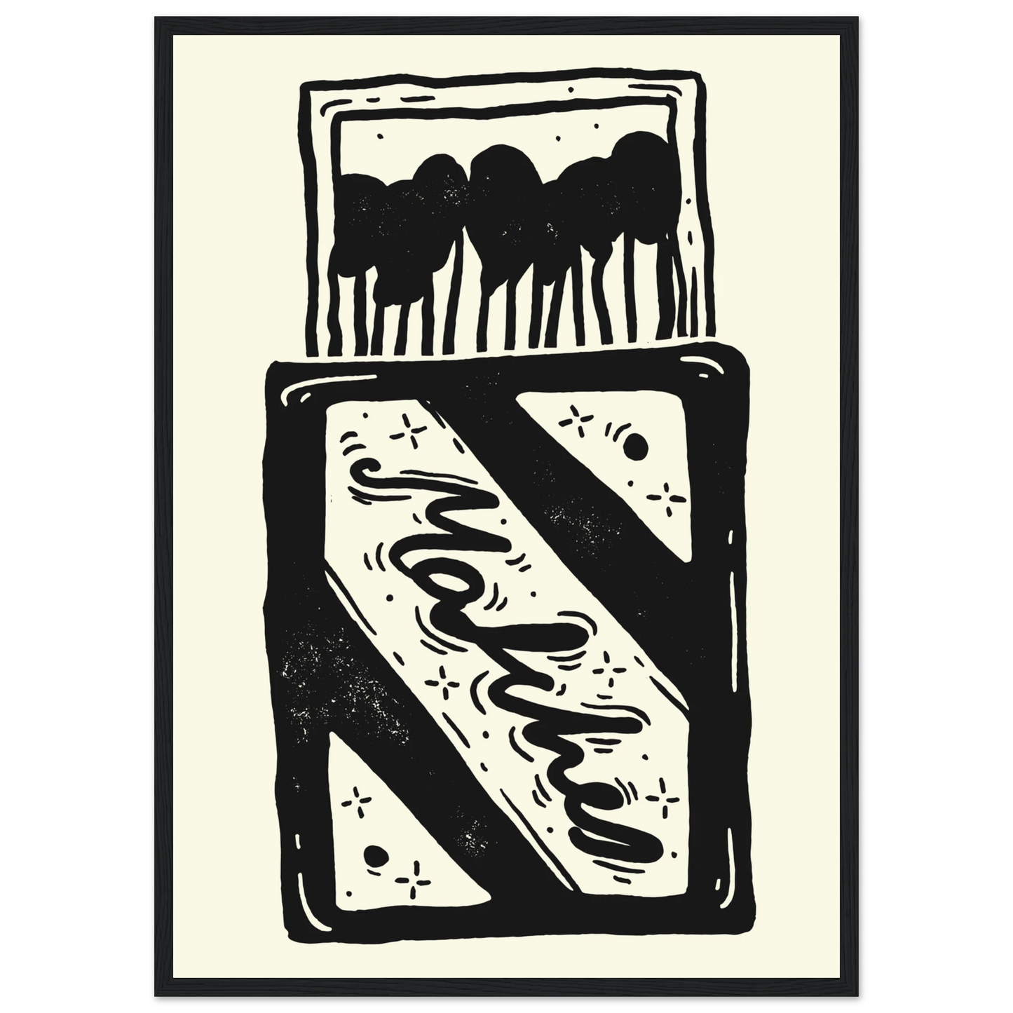 Charming match linocut art print by anya trut black white abstract home decor art print in a Wood frame size 21x29.7 cm / 8x12" affordable wall art by Art Aunty NZ