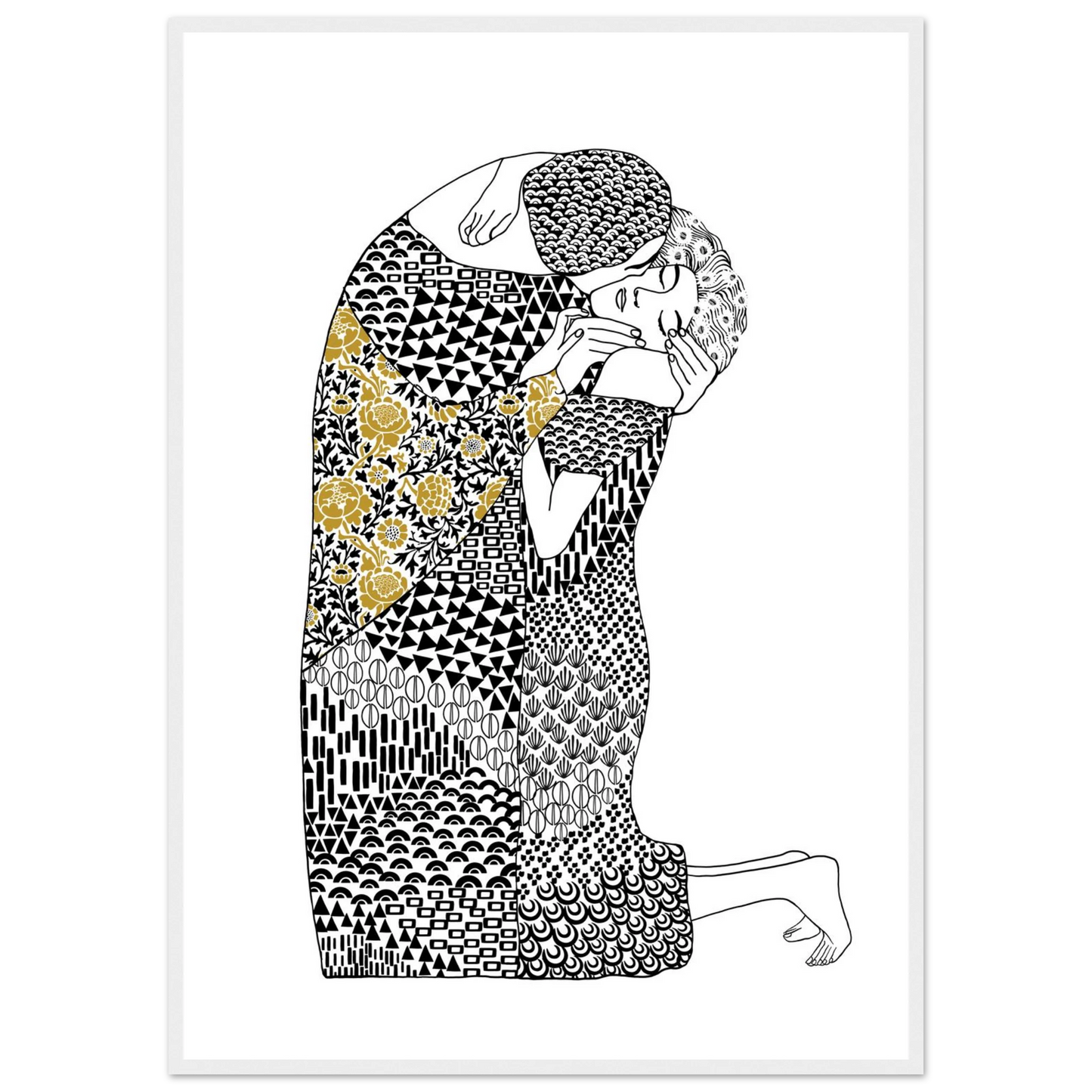 Abstract embrace golden floral geometric art print hand drawn expression on premium poster art print in a White frame size 21x29.7 cm / 8x12" affordable wall art by Art Aunty NZ