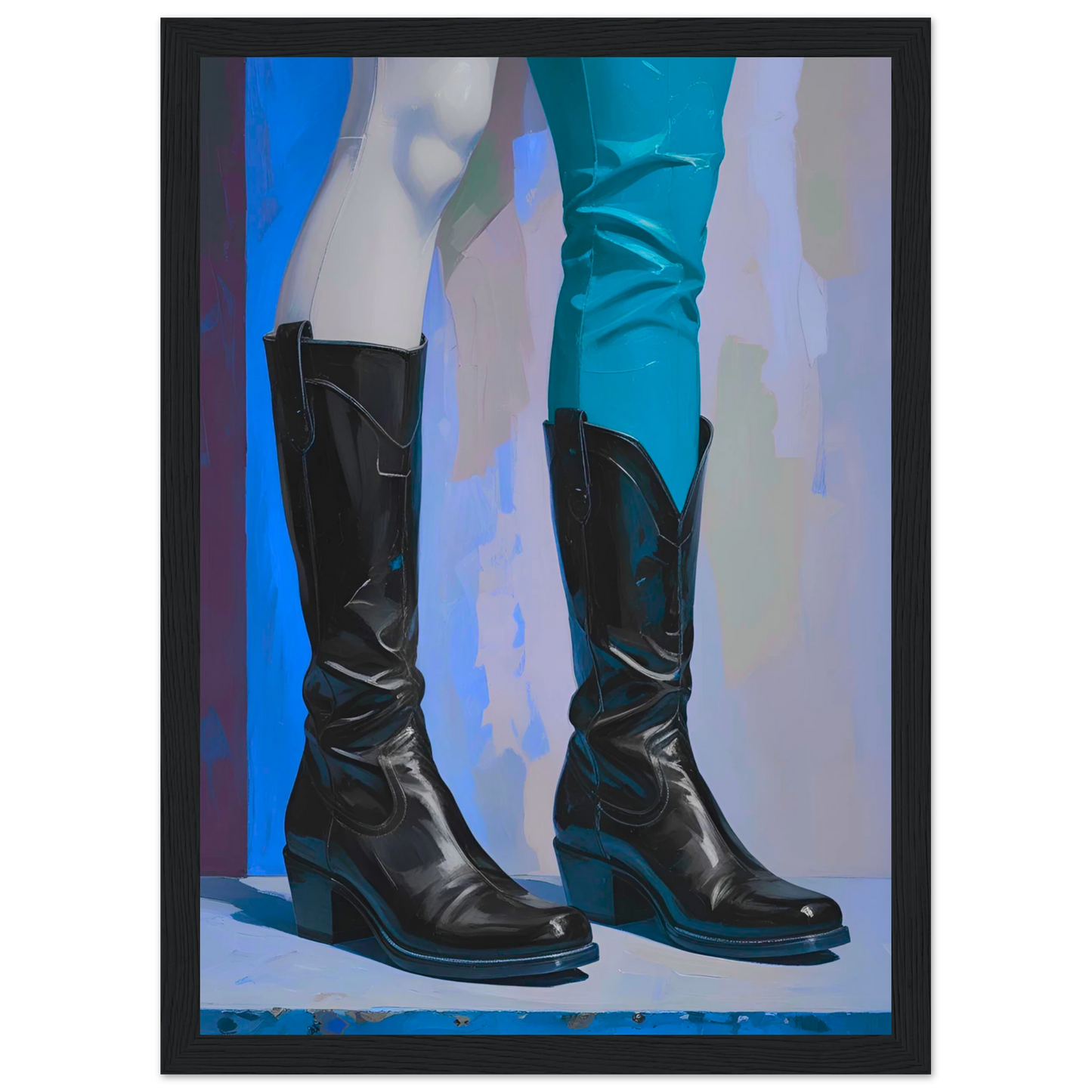 Urban cowboy boots abstract art print by anya trut striking blue black contrast customizable framed poster art print in a White frame size A2 (42 x 59.4  cm) affordable wall art by Art Aunty NZ