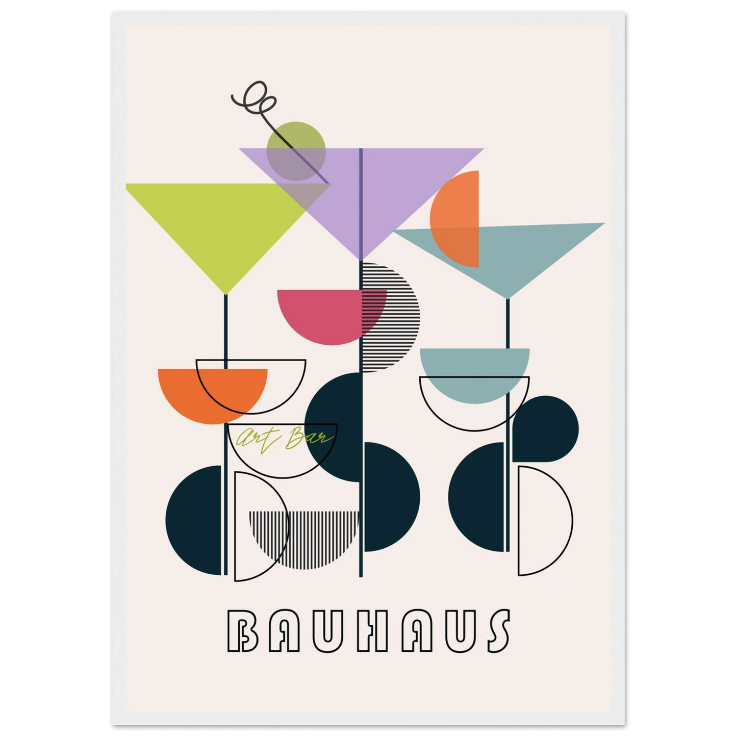 Bauhaus art bar cocktail abstract wall art print a modern geometric statement piece in your choice of frame and size art print in a Black frame size 21x29.7 cm / 8x12" affordable wall art by Art Aunty NZ