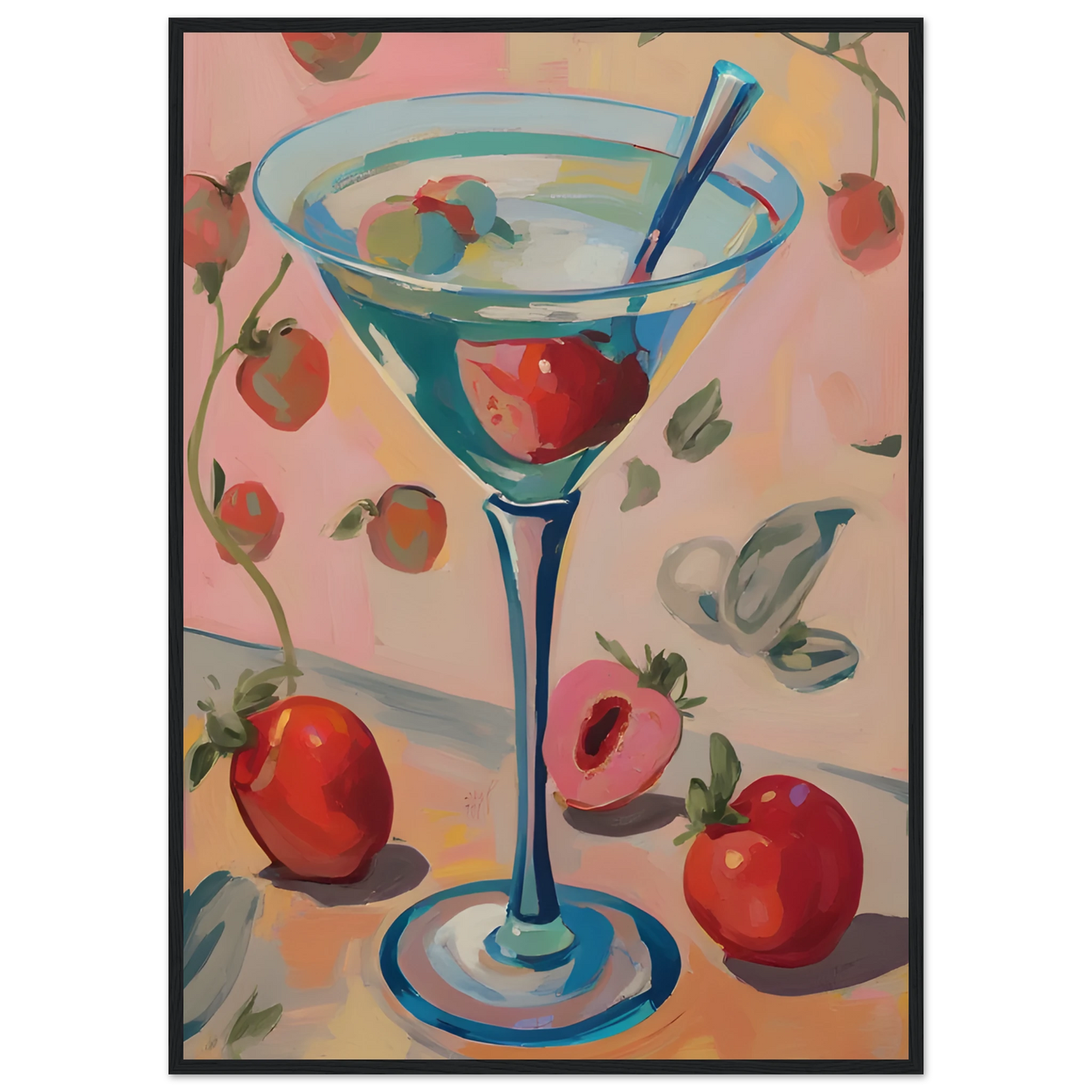 Summer bliss martini playful pop art print by anya trut vibrant wall decor in your choice of size frame art print in a Black frame size A2 (42 x 59.4  cm) affordable wall art by Art Aunty NZ
