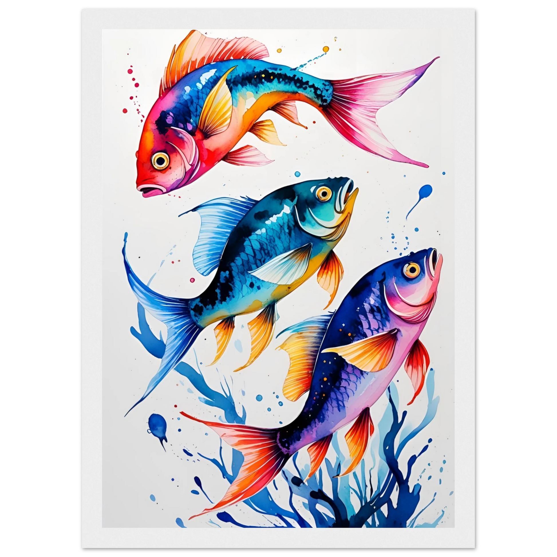 Vibrant ocean trio art print colorful fish watercolor wall decor available in various sizes frames art print in a Wood frame size A1 (59.4 x 84.1  cm) affordable wall art by Art Aunty NZ