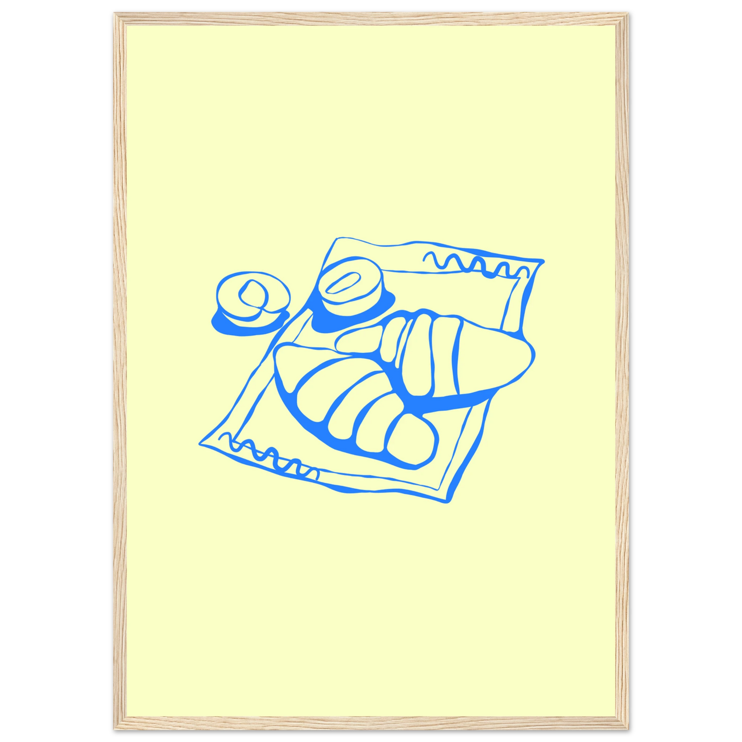 Minimalist blue croissant art print charming breakfast illustration in your choice of frame size art print in a White frame size A1 (59.4 x 84.1  cm) affordable wall art by Art Aunty NZ