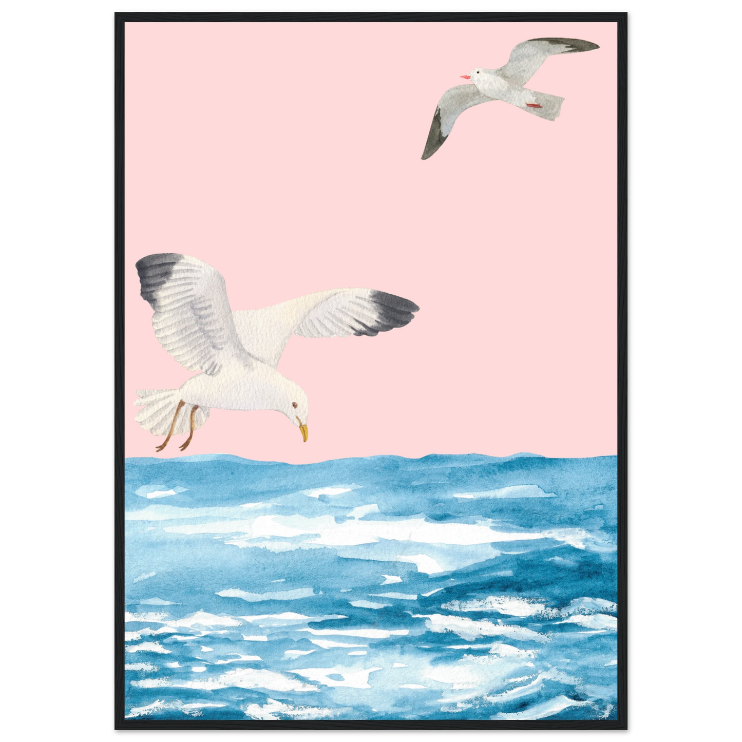 Coastal flight serene seagull watercolour art print by anya trut choose your size frame art print in a Black frame size A2 (42 x 59.4  cm) affordable wall art by Art Aunty NZ