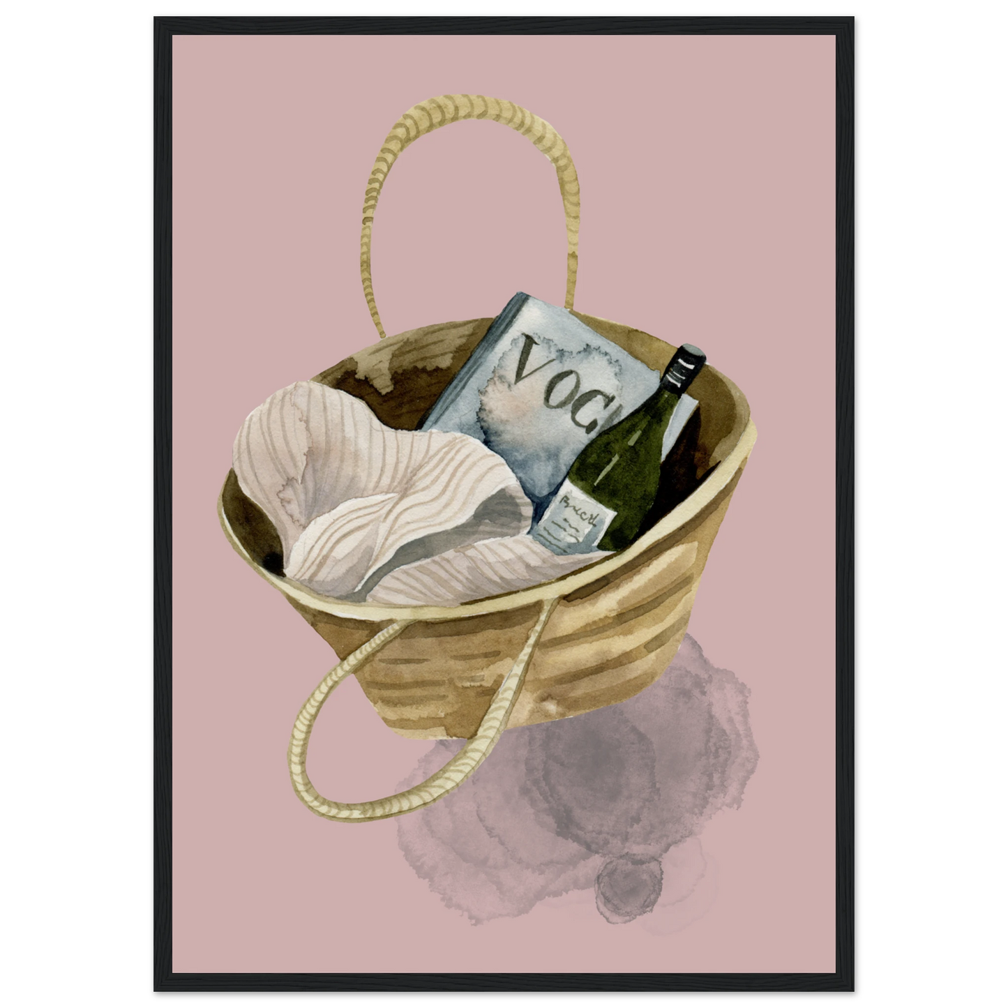 Chic beach bag with vogue wine watercolor art print boho summer aesthetic wall decor by anya trut art print in a Wood frame size 21x29.7 cm / 8x12" affordable wall art by Art Aunty NZ