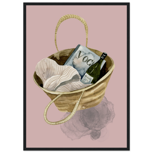 Chic beach bag with vogue wine watercolor art print boho summer aesthetic wall decor by anya trut art print in a Wood frame size 21x29.7 cm / 8x12" affordable wall art by Art Aunty NZ