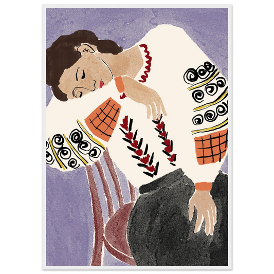 Romanian folk dreams print ioana horvat art poster in three sizes with custom frame options art print in a White frame size 21x29.7 cm / 8x12" affordable wall art by Art Aunty NZ