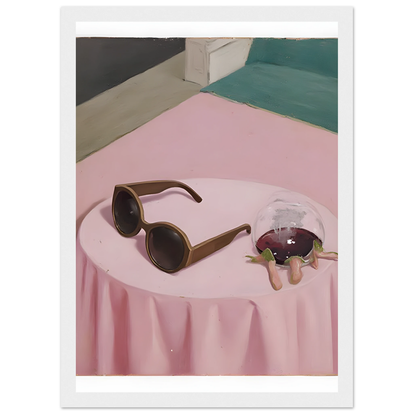 Chic curious nightcap by anya trut modern art print with sunglasses and spilled drink in your choice of frame art print in a Wood frame size A1 (59.4 x 84.1  cm) affordable wall art by Art Aunty NZ