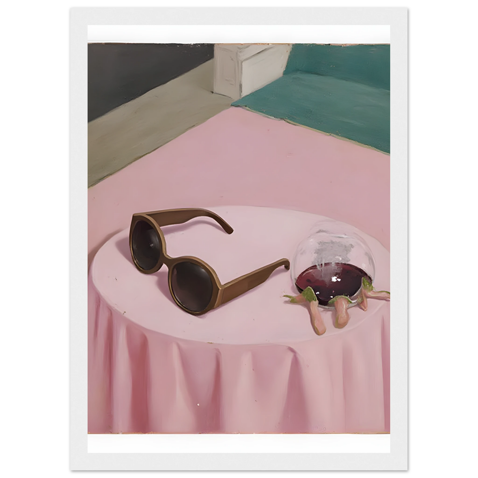 Chic curious nightcap by anya trut modern art print with sunglasses and spilled drink in your choice of frame art print in a Wood frame size A1 (59.4 x 84.1  cm) affordable wall art by Art Aunty NZ