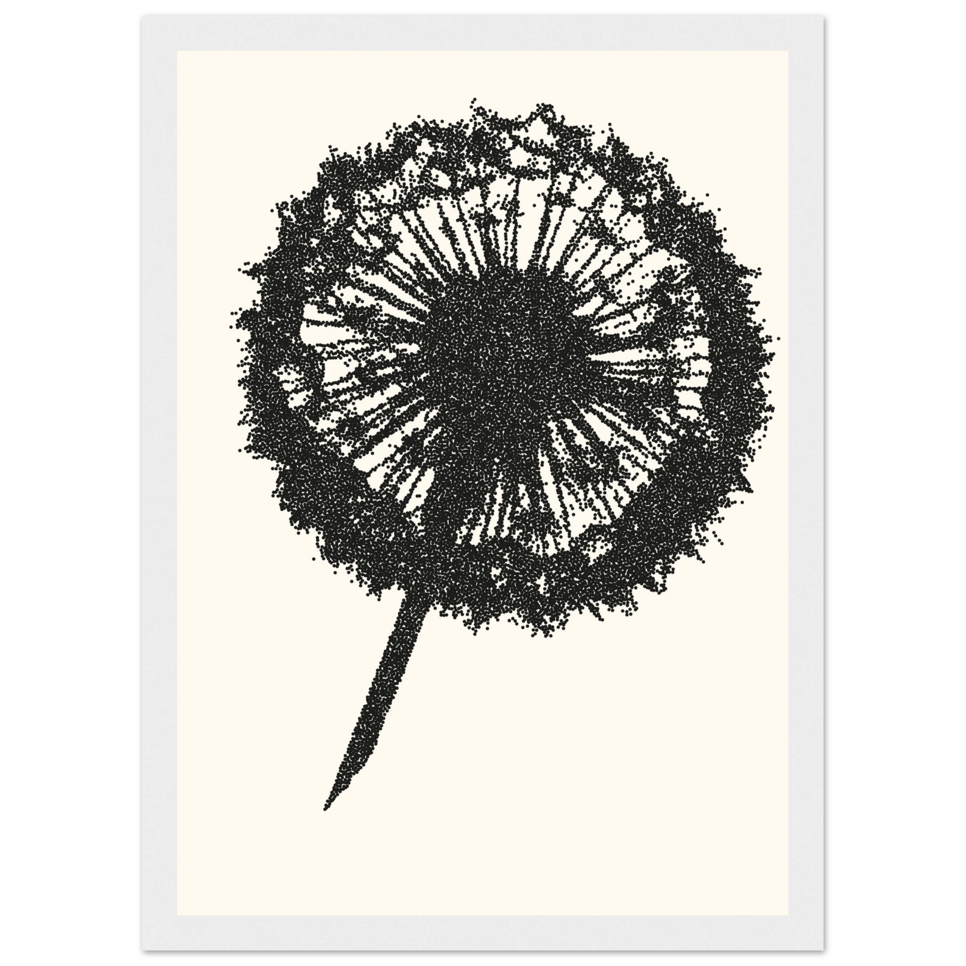 Abstract dandelion seed head art print by anya trut minimalist dot work wall decor in your choice of size frame art print in a Wood frame size A1 (59.4 x 84.1  cm) affordable wall art by Art Aunty NZ