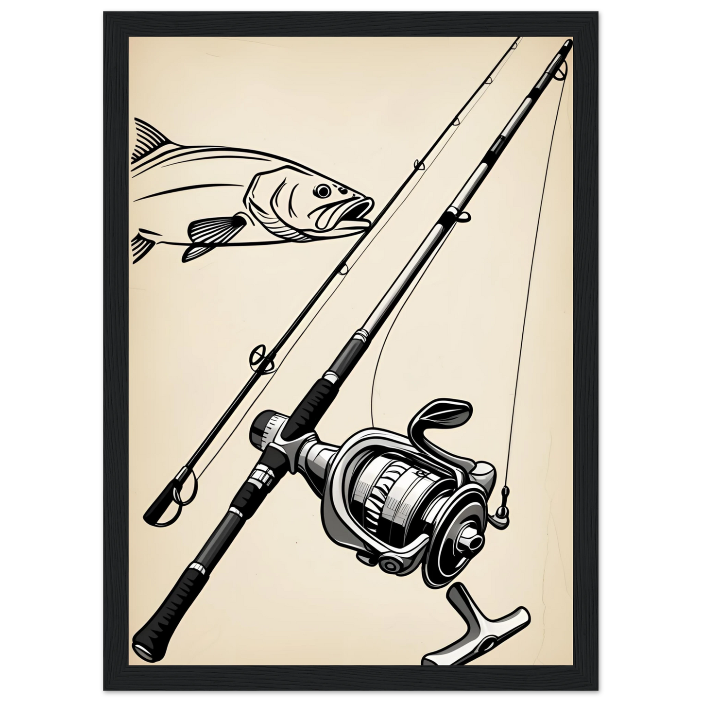 Classic fishing rod reel with bass design art print for anglers outdoors enthusiasts art print in a White frame size A2 (42 x 59.4  cm) affordable wall art by Art Aunty NZ