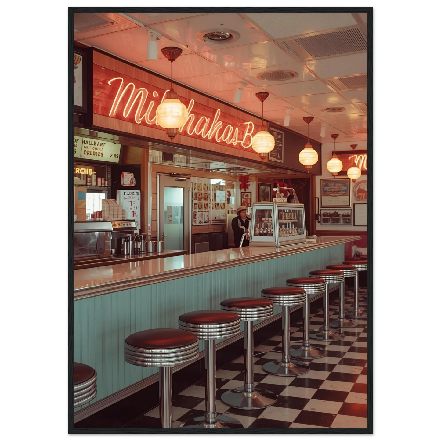 The milk bar art print in a White frame size A2 (42 x 59.4  cm) affordable wall art by Art Aunty NZ